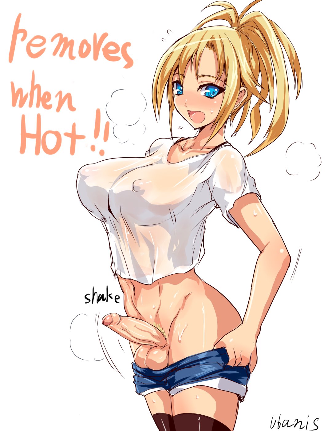1futa, balls, blonde hair, blue eyes, breasts, busty, cleavage, erect nipples, futa only, futanari, highres, intersex, jean shorts, large breasts, long hair, nipple bulge, nipples, original, penis, shorts down, simple background, solo, solo futa, standing, testicles, ubanis, ubunny (ubanis), uncensored, voluptuous
