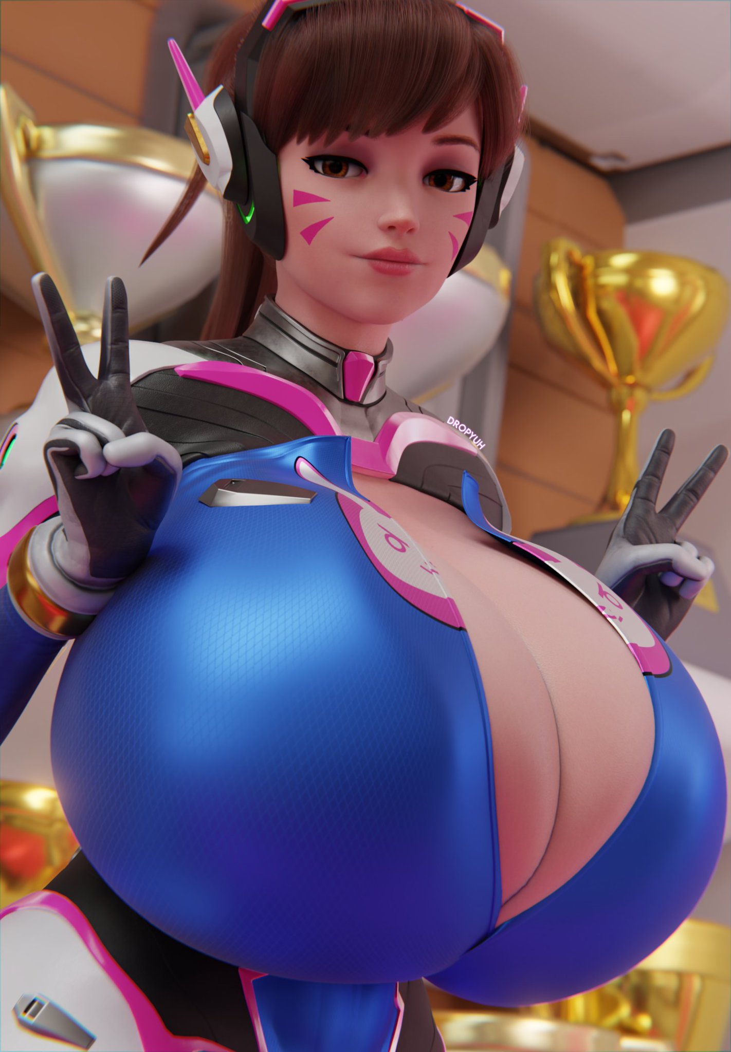 3d, 3d model, asian, breasts, busty, cleavage, d.va, dropyuh (artist), female, giant breasts, hana song, large breasts, overwatch, overwatch 2, peace sign, scrag d.va, skinsuit, solo