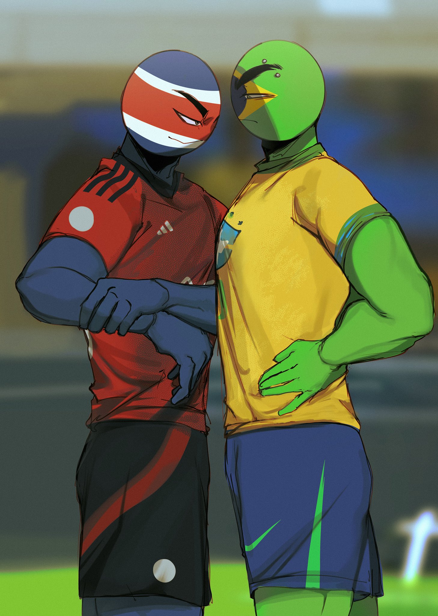 2boys, adidas, blue body, brazil (countryhumans), copa america, costa rica (countryhumans), countryhumans, dafriix, fifa, gay, green body, male, male only, nike, piercing, red shirt, rule 63, safe, safe for work, soccer, tagme, yellow shirt