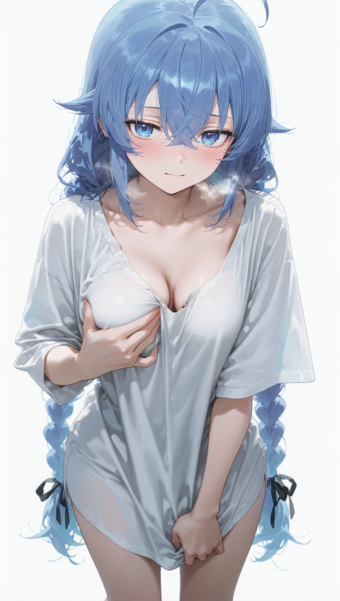 1girls, ai generated, blue hair, breasts, embarrassed, female, grabbing own breast, mushoku tensei, pixiv, pulling shirt down, roxy migurdia, shirt only, small breasts