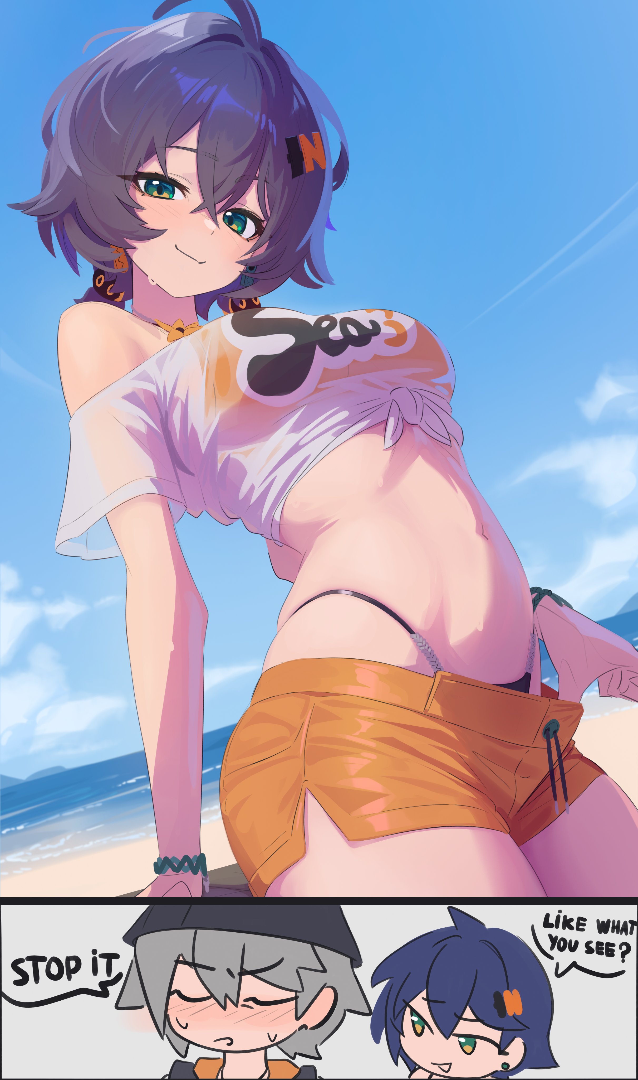 1girls, absurd res, alternate costume, anonds31, beach, beachwear, belle (summer skies) (zenless zone zero), belle (zenless zone zero), belly, belly button, blue eyes, blue hair, blush, brother and sister, bucket hat, closed eyes, do you like what you see, english text, female, female only, grey hair, hat, highres, hoyoverse, implied incest, mihoyo, official alternate costume, see-through, see-through clothing, see-through shirt, short hair, shorts, siblings, sister, swimwear, teasing, text, thighs, tummy, twintails, wise (peaceful waves) (zenless zone zero), wise (zenless zone zero), zenless zone zero