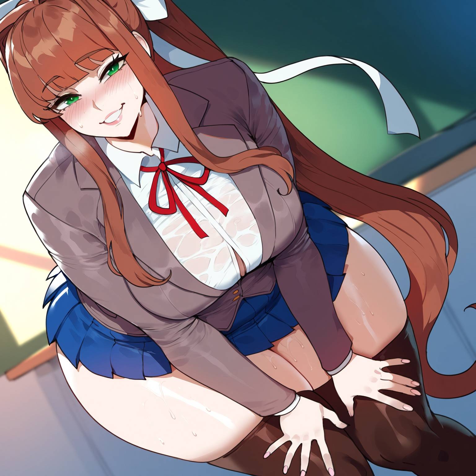 1girls, ai generated, big breasts, breasts, brown hair, doki doki literature club, female, female focus, green eyes, hips, huge breasts, juuicyai, large breasts, light-skinned male, long hair, looking at viewer, male, monika (doki doki literature club), ponytail, school uniform, schoolgirl, skirt, smiling, thick thighs, white ribbon, wide hips