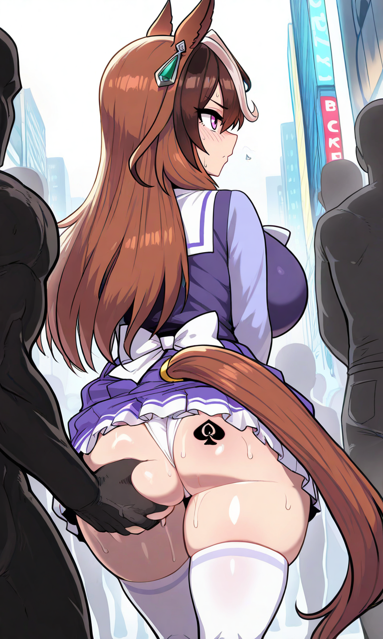 1boy, 1girls, ai generated, ass, ass grab, brown hair, cuckold, cuckolding, dark skin, dark-skinned male, female, grabbing, groping, horse girl, male, muscular, muscular male, netorare, ntr, purple eyes, qos, qos tattoo, queen of spades, spade tattoo, symboli rudolf (umamusume), umamusume, umamusume pretty derby