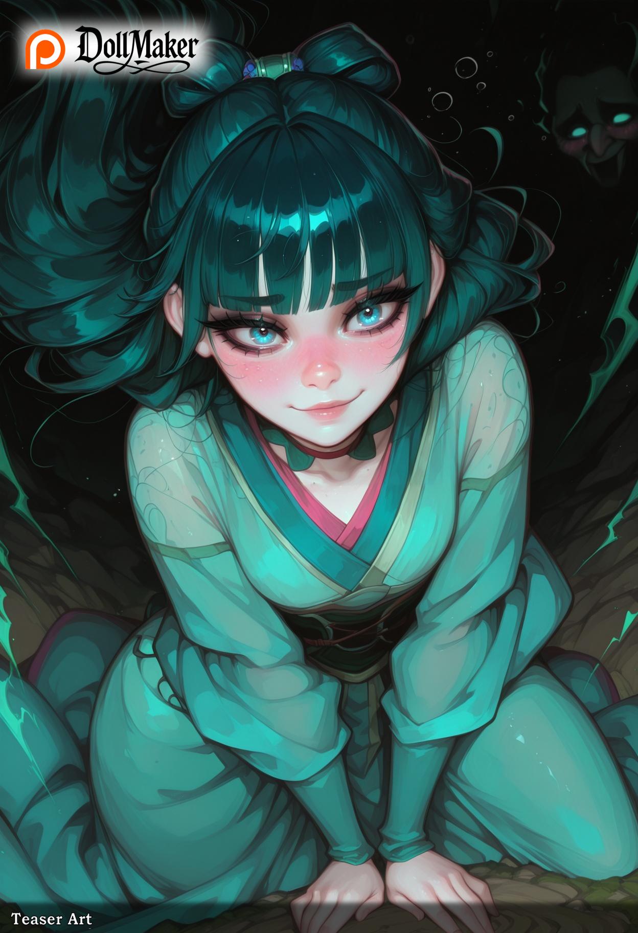 ai_generated aqua_eyes artist_name bangs blue_eyes blunt_bangs blush breasts deviantart_username dollmaker dollmaker_(artist) facebook_username female glowing green_hair japanese_clothes kimono long_hair looking_at_viewer patreon_logo patreon_username smile tagme water_drop watermark web_address
