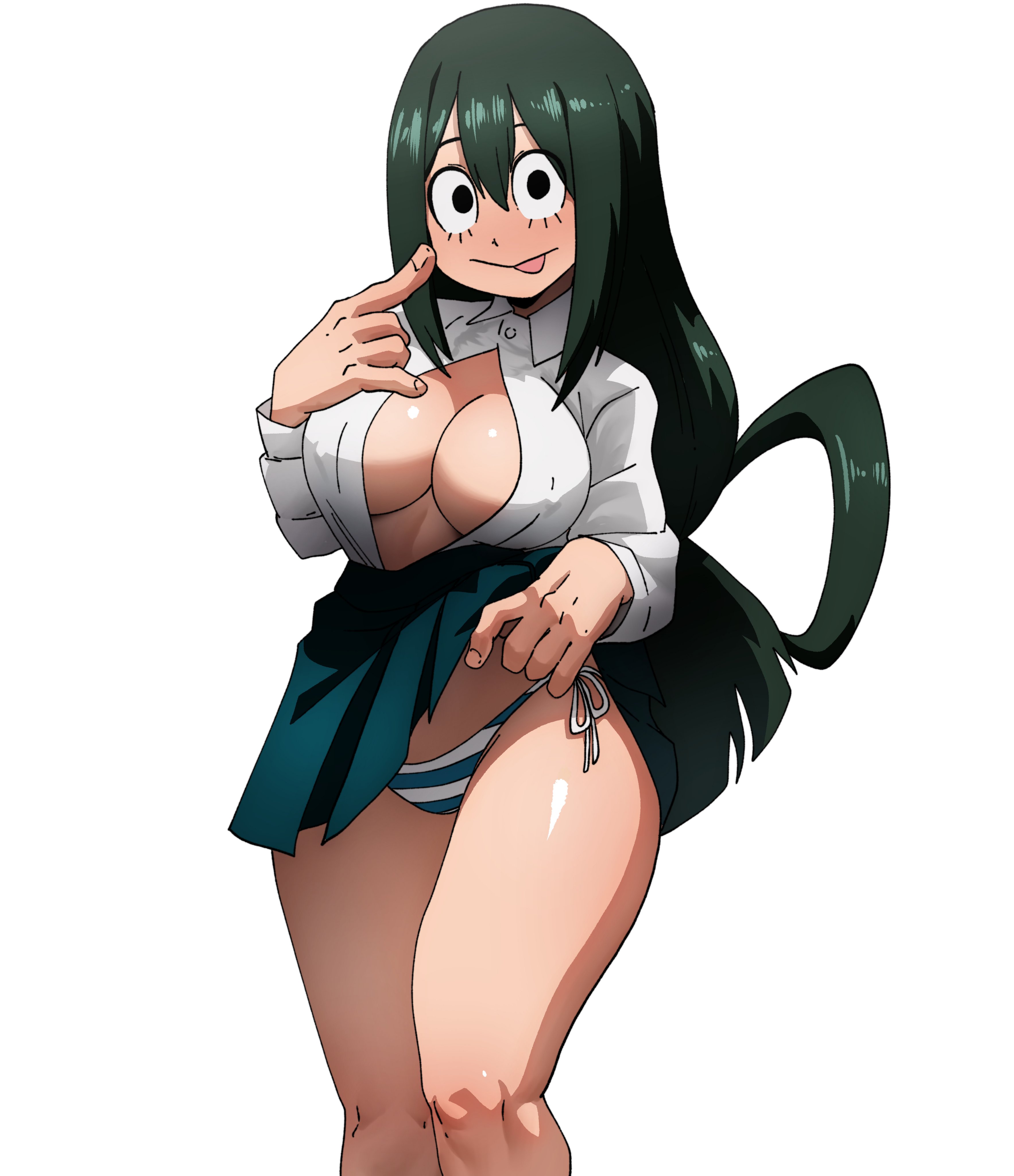 1girls, boku no hero academia, green hair, green-haired female, inker comics, inkershike, my hero academia, panties, school uniform, schoolgirl uniform, shirt unbuttoned, skirt lift, solo, teenager, tsuyu asui, white background, white shirt