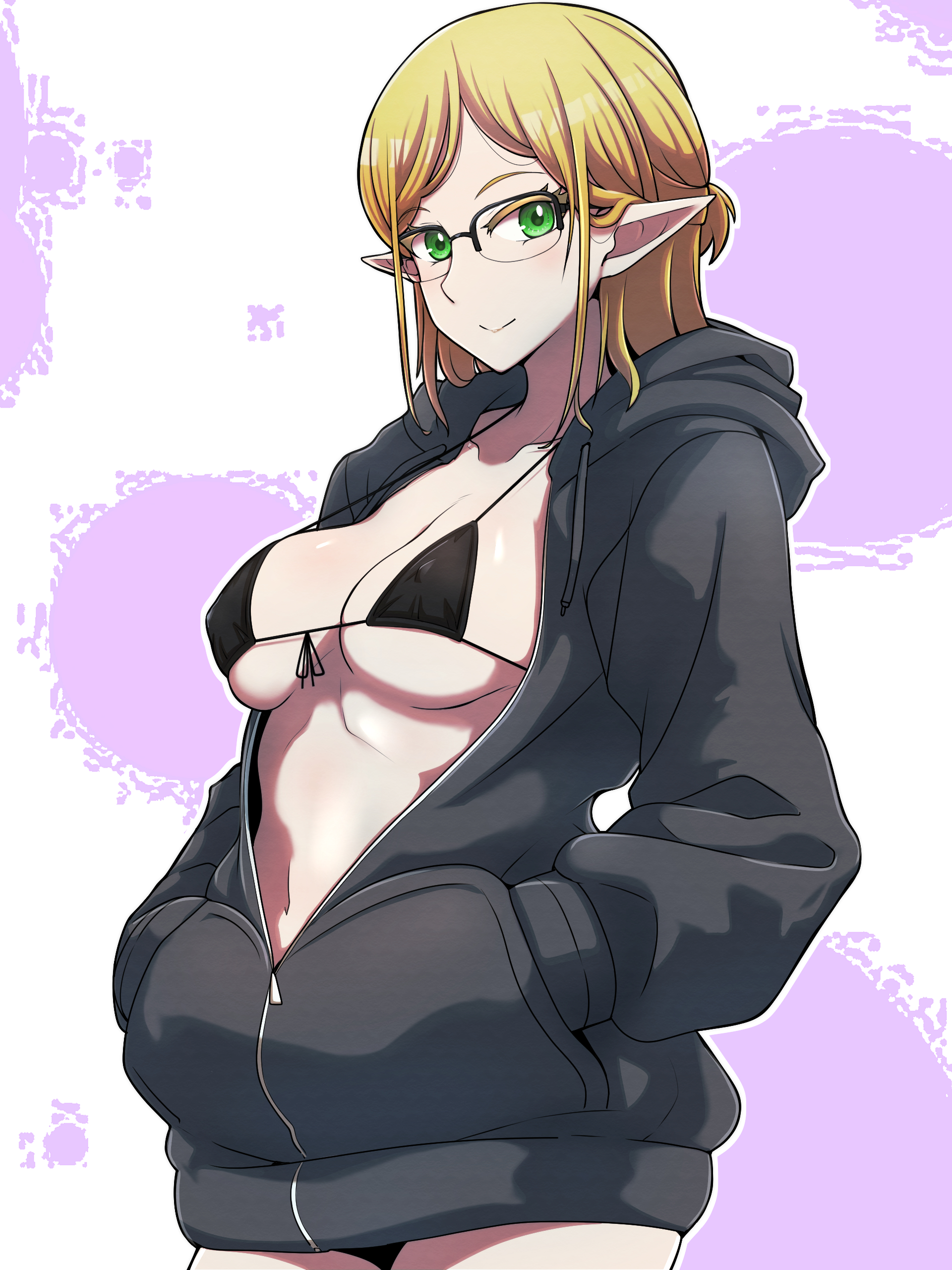 1girls, belly, belly button, bikini, bikini bottom, bikini top, blonde eyebrows, blonde female, blonde hair, blonde-haired female, breasts, closed mouth smile, coat, collarbone, elf, elf ear, elf ears, elf female, elf girl, female, female focus, female only, glasses, glasses on face, glasses on head, green eyes, green-eyed female, hands in pockets, hanzawa821, high resolution, highres, isekai ojisan, jacket, lean figure, long hair, looking at viewer, medium breasts, midriff, narrow waist, navel, nipple bulge, open coat, open jacket, parted bangs, pointy ears, shibazaki yousuke, shoulders, simple background, slender body, slender waist, slim waist, smile, smiley face, smiling, smiling at viewer, smirk, solo, standing, string bikini, sui (isekai ojisan), swimsuit, swimwear, thick thighs, thighs, underboob, upper body, white background