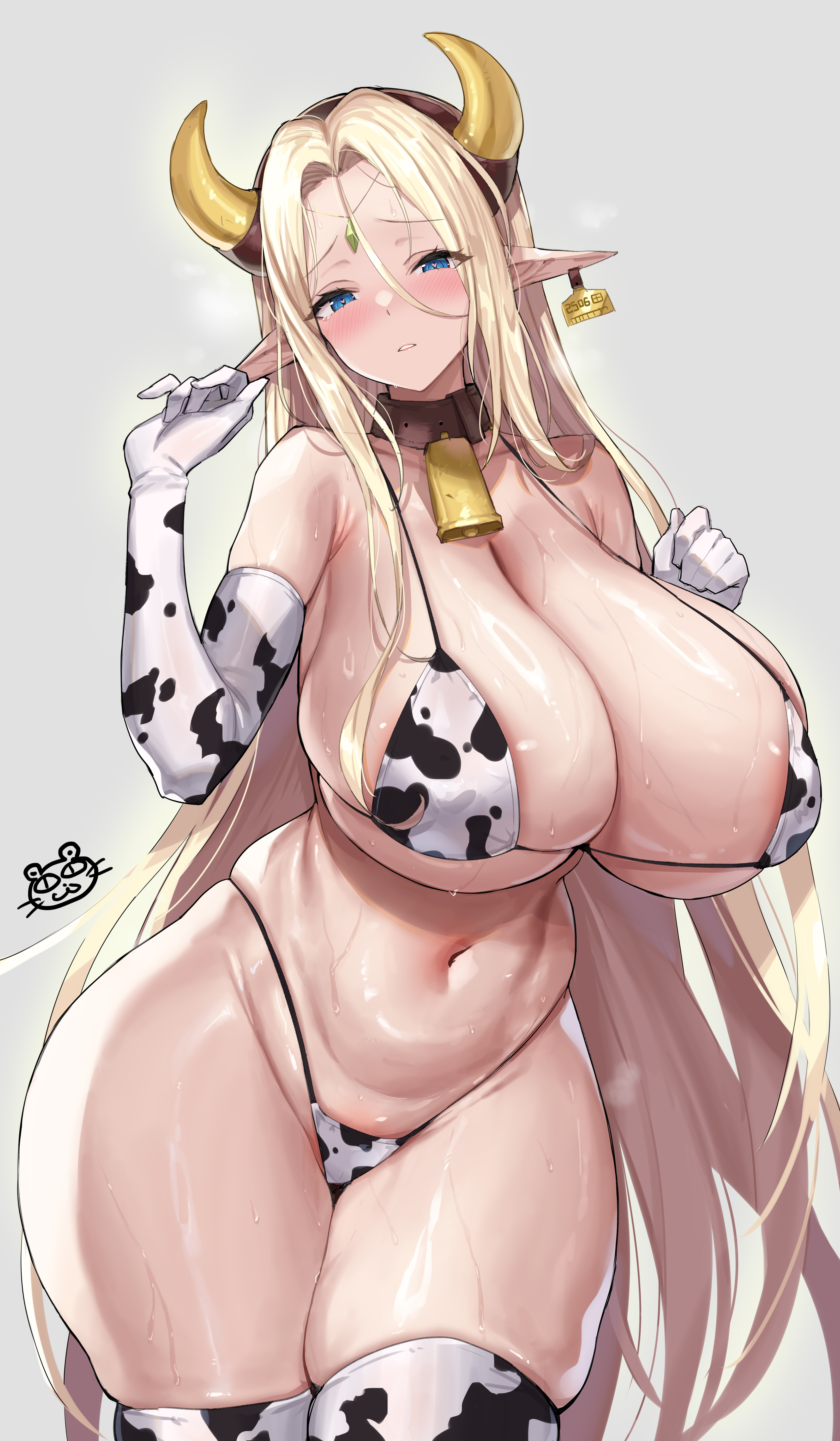 1girls, absurdres, alternate costume, animal print, areola slip, bell, bikini, blonde hair, blush, breasts, cerestia of life, cow horns, cow print, cow print bikini, cow print gloves, cow print thighhighs, cowboy shot, curvy, ear tag, elbow gloves, elf, fake horns, female, gloves, highleg, highleg bikini, highres, horns, huge breasts, last origin, long hair, looking at viewer, micro bikini, navel, neck bell, pointy ears, print bikini, print gloves, print thighhighs, serin199, shiny skin, skindentation, solo, stomach, straight hair, sweat, swimsuit, thick thighs, thighhighs, thighs, thong, thong bikini, very long hair, wide hips