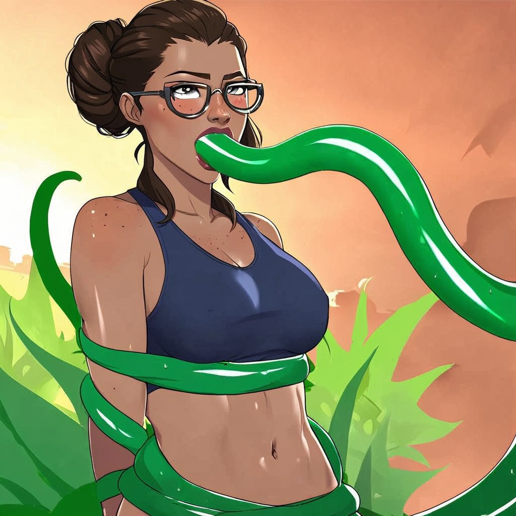 1girls ai_generated arcane breasts brown_hair brown_skin crop_top dark-skinned_female dark_skin female female_focus female_only glasses league_of_legends midriff short_hair sky_young solo solo_female solo_focus tentacle tentacle_around_arm tentacle_around_waist tentacle_in_mouth tentacles_around_arm tentacles_around_waist