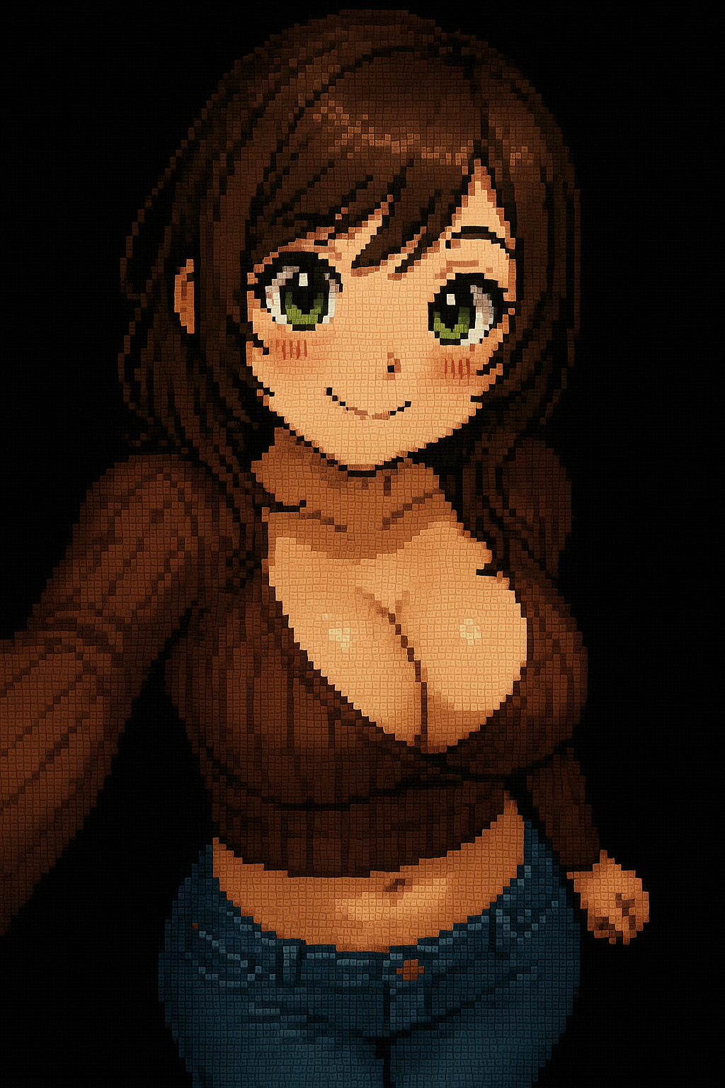 ai_generated big_breasts big_breasts bitch breasts breasts breasts brown_hair cute cute_face female green_eyes jeans looking_at_viewer navel necklace pixel pixel_art pose selfie sexy smile suggestive suggestive_look suggestive_pose sweater waist wallpaper white_skin