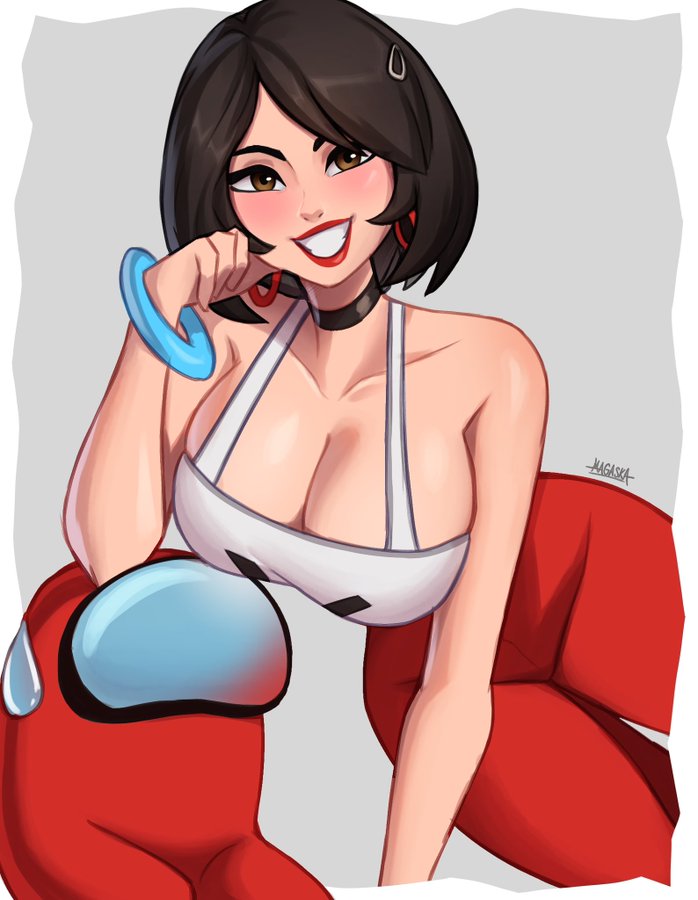 1girls, 1other, ambiguous gender, among us, boobs, bracelet, breasts, brown eyes, brown hair, clothed, clothes, collar, crewmate (among us), earrings, evie (fortnite), female, female focus, fortnite, human, light skin, light-skinned female, lipstick, looking at viewer, magaska19, red (among us), simple background, smile, smiling, sweatdrop, tagme, tits, voluptuous, voluptuous female