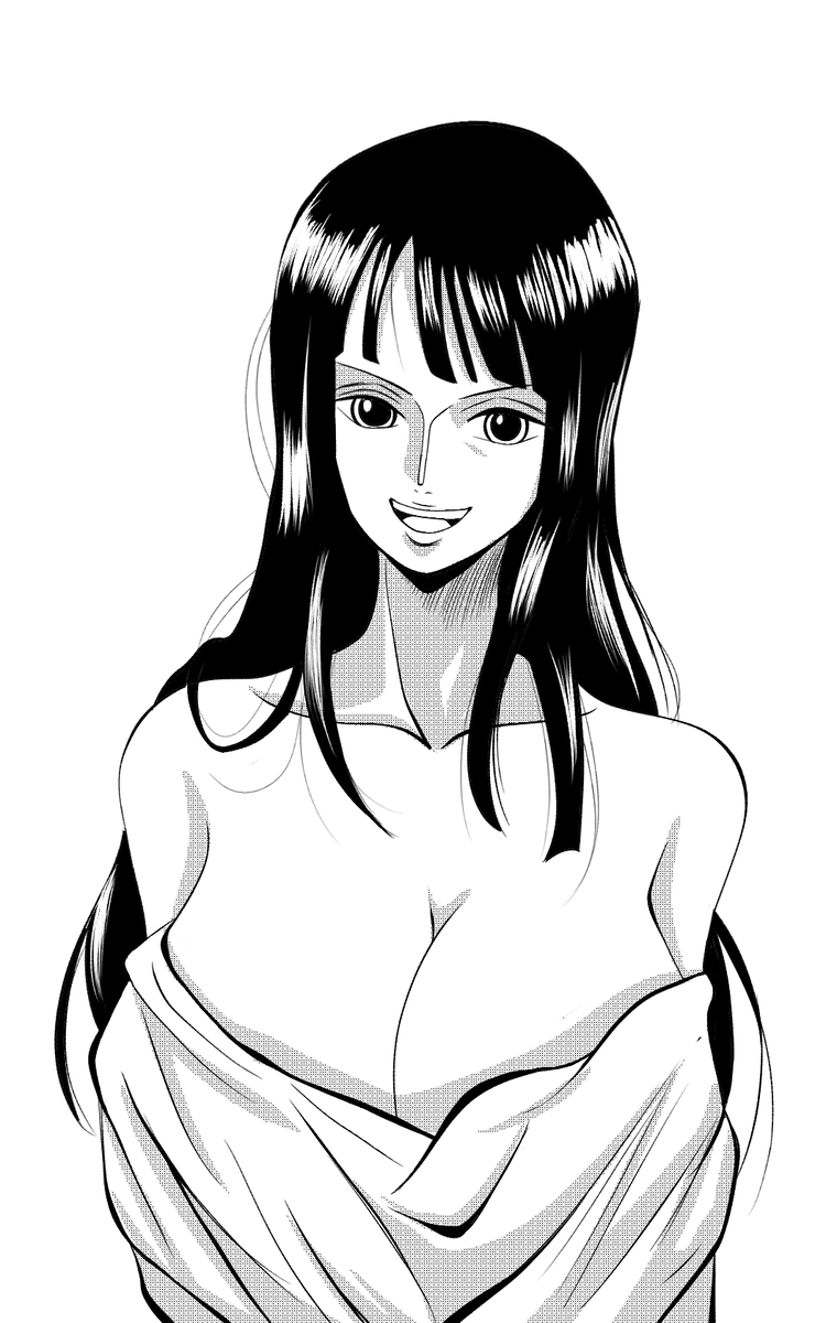 1girls, artist name, bath towel, big breasts, black and white, black hair, breasts, cleavage, female, female only, huge breasts, looking at viewer, nico robin, one piece, seductive, sexy, smile, white background, yoonsmr