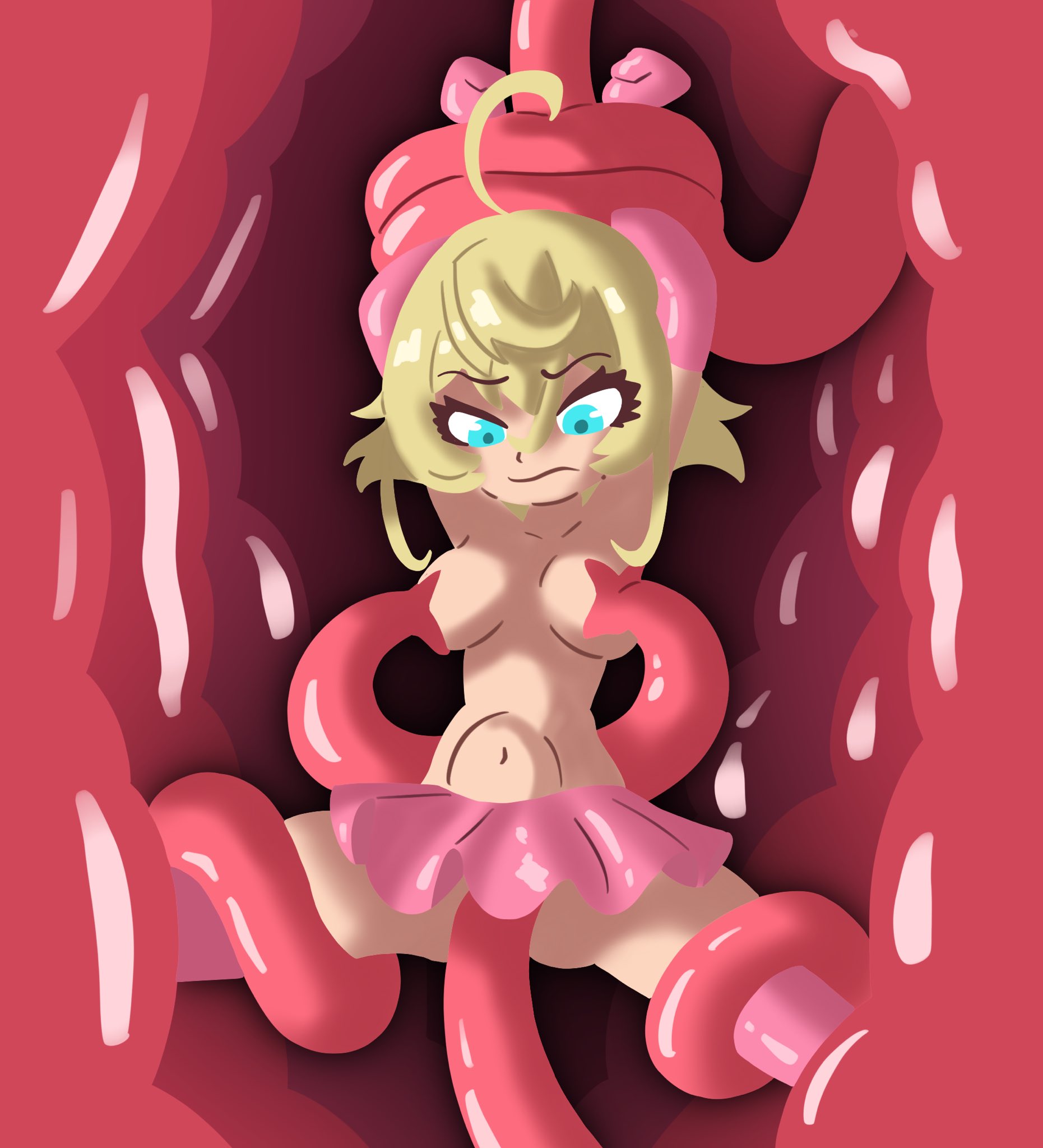 annoyed expression, big breasts, blonde hair, blue eyes, bound, bound arms, bound legs, breasts, female, flesh tunnel, flesh wall, fleshy tentacle, frilly dress, leggings, milking tentacles, questionable consent, swisschocoart, tanya degurechaff, tentacle, tentacle maw, tentacle rape, tentacle sex, tentacle sucking breasts, thighhighs, youjo senki