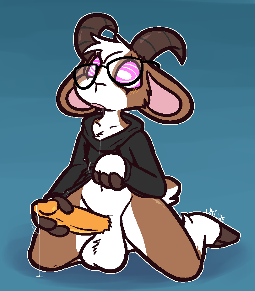 2_horns anthro ball_tuft balls bean_(beanthegoat) belly_exposed black_clothing black_hoodie black_topwear blue_background blush bodily_fluids bottomless bottomless_anthro bottomless_male bovid brown_body brown_horn caprine chest_tuft clothed clothing clothing_grab clothing_lift cum cum_string dazed drooling erection eyewear fingerless_(marking) forced forced_masturbation fur genital_fluids genitals glasses glasses_askew goat goat_ears goat_tail head_tuft holding_penis hoodie hooves horizontal_pupils horn hypnosis kneeling leaking_cum leg_markings looking_up male male_anthro mammal markings masturbation mind_control navel open_mouth orange_blush orange_penis outline penile penile_masturbation penis pink_eyes pink_inner_ear pink_mouth pupils raised_clothing raised_hoodie raised_topwear saliva saliva_string signature simple_background socks_(marking) solo spiral_eyes submissive submissive_anthro submissive_male tail topwear tuft ultilix undressing white_body white_fur white_outline white_pupils