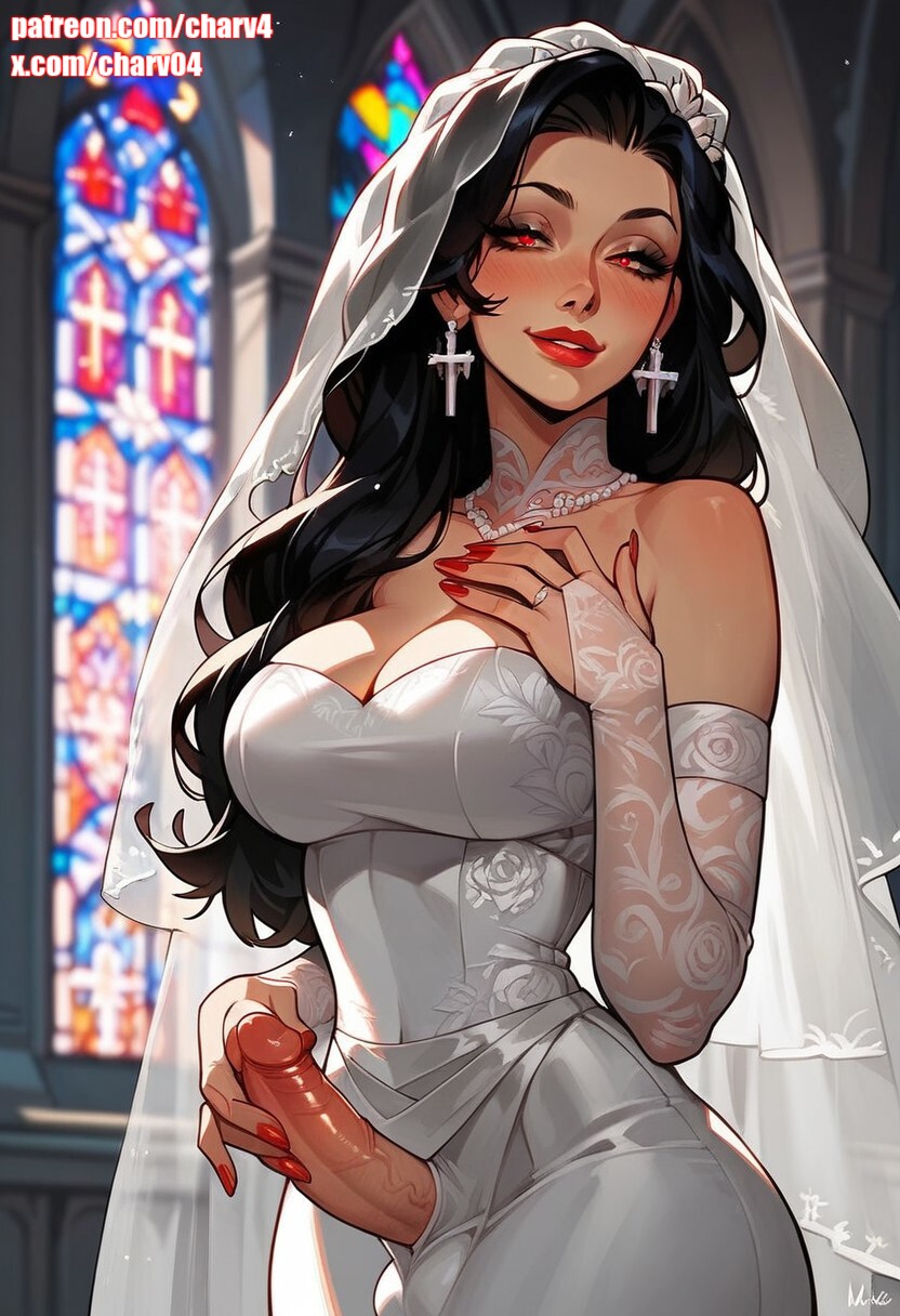 1futa, ai generated, big breasts, big penis, black hair, breasts, charv, church, church interior, erection, futa only, futanari, intersex, long hair, penis, selene (charv), wedding dress, wedding ring, wedding veil