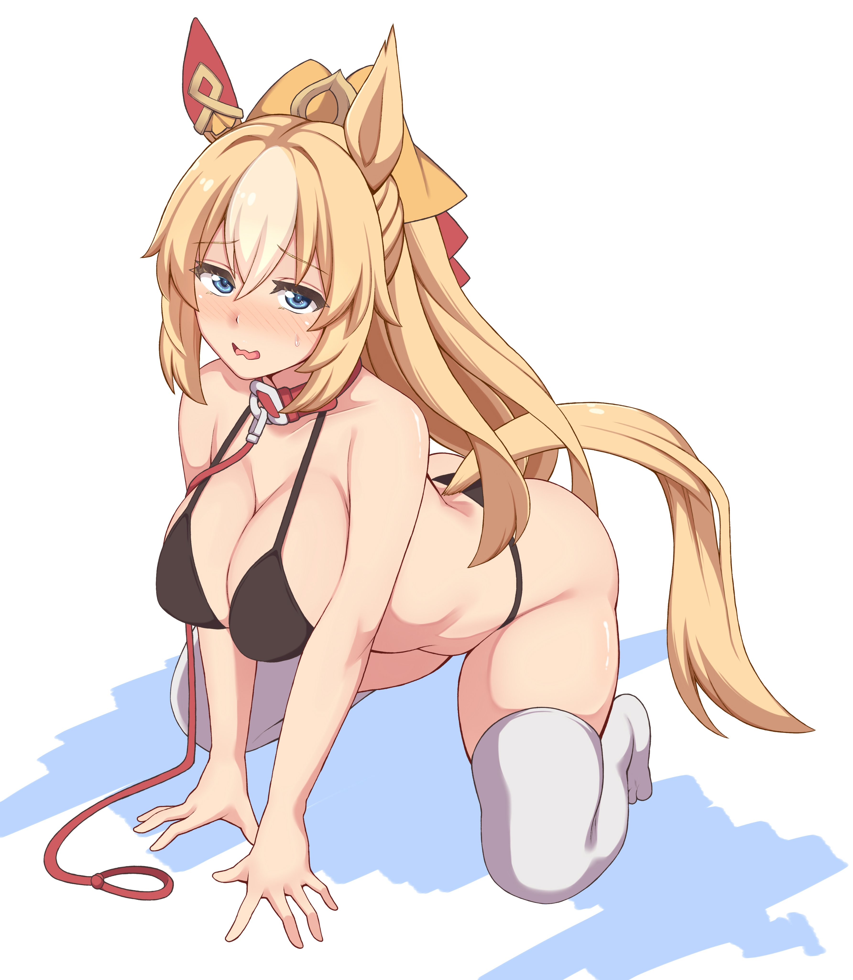 1girls, absurdres, animal collar, animal ears, ass, bikini, black bikini, blonde hair, blue eyes, bow, breasts, cleavage, collar, durandal (umamusume), embarrassed, female, hair ornament, hairbow, hakutaqanta, highres, horse ears, horse girl, horse tail, large breasts, leash, long hair, looking at viewer, multicolored hair, open mouth, ponytail, simple background, sweatdrop, swimsuit, tail, thighhighs, umamusume, white background