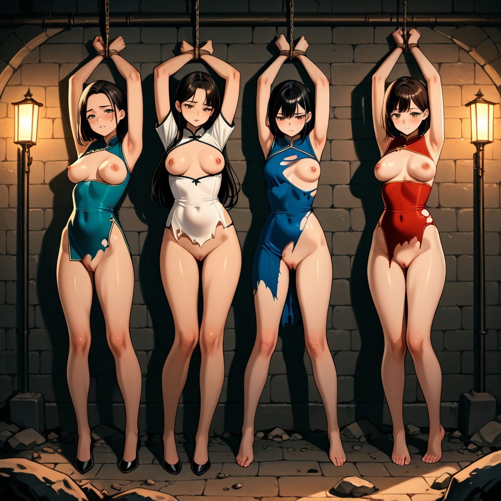 ai, ai generated, arms up, bondage, bound wrists, breasts, cheongsam, dungeon, exposed breasts, exposed pussy, female, lantern, multiple females, multiple girls, prisoner, prostitution, pussy, qipao, rope bondage, slave, slave girl, small breasts, torn clothes