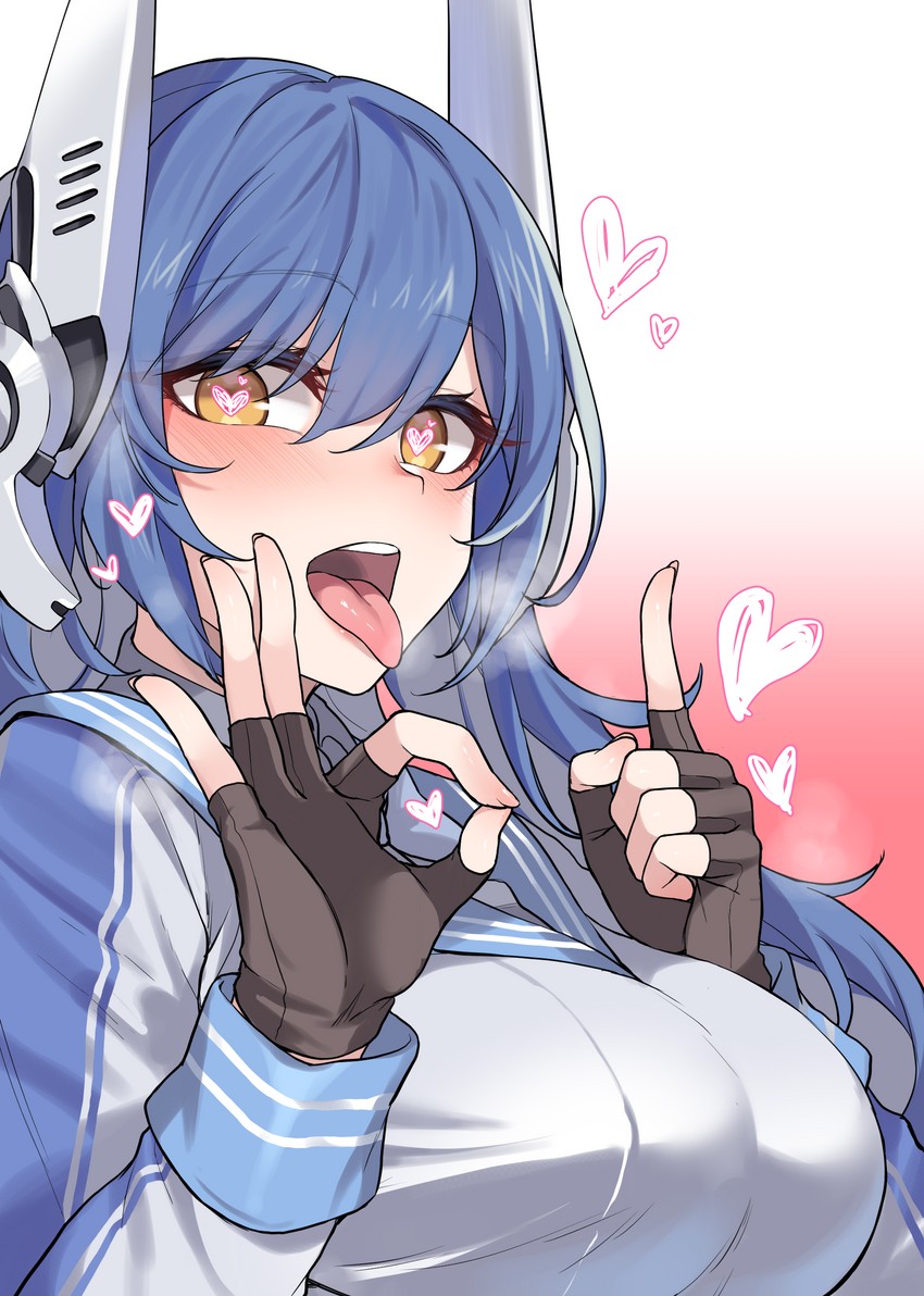 girls' frontline, heart eyes, heart-shaped pupils, jingo, okay sign, suggestive, suggestive look, tar-21 (girls' frontline), tongue, tongue out