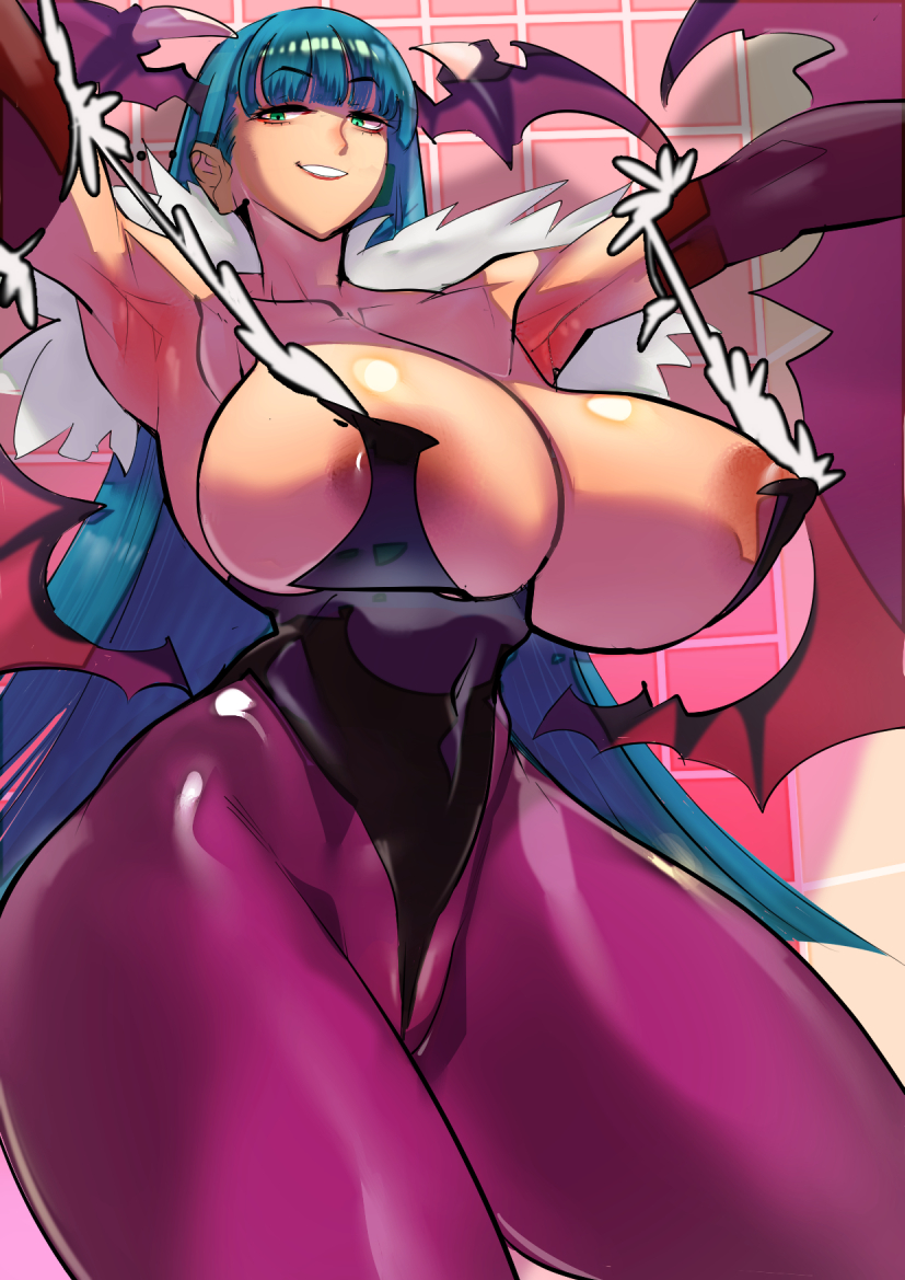 1girls, big breasts, black leotard, breasts, breasts bigger than head, cleavage, darkstalkers, female, female only, green eyes, green hair, head wings, huge breasts, kemonono, large breasts, leotard, long hair, morrigan aensland, pantyhose, smile, succubus, thighs bigger than head, wings