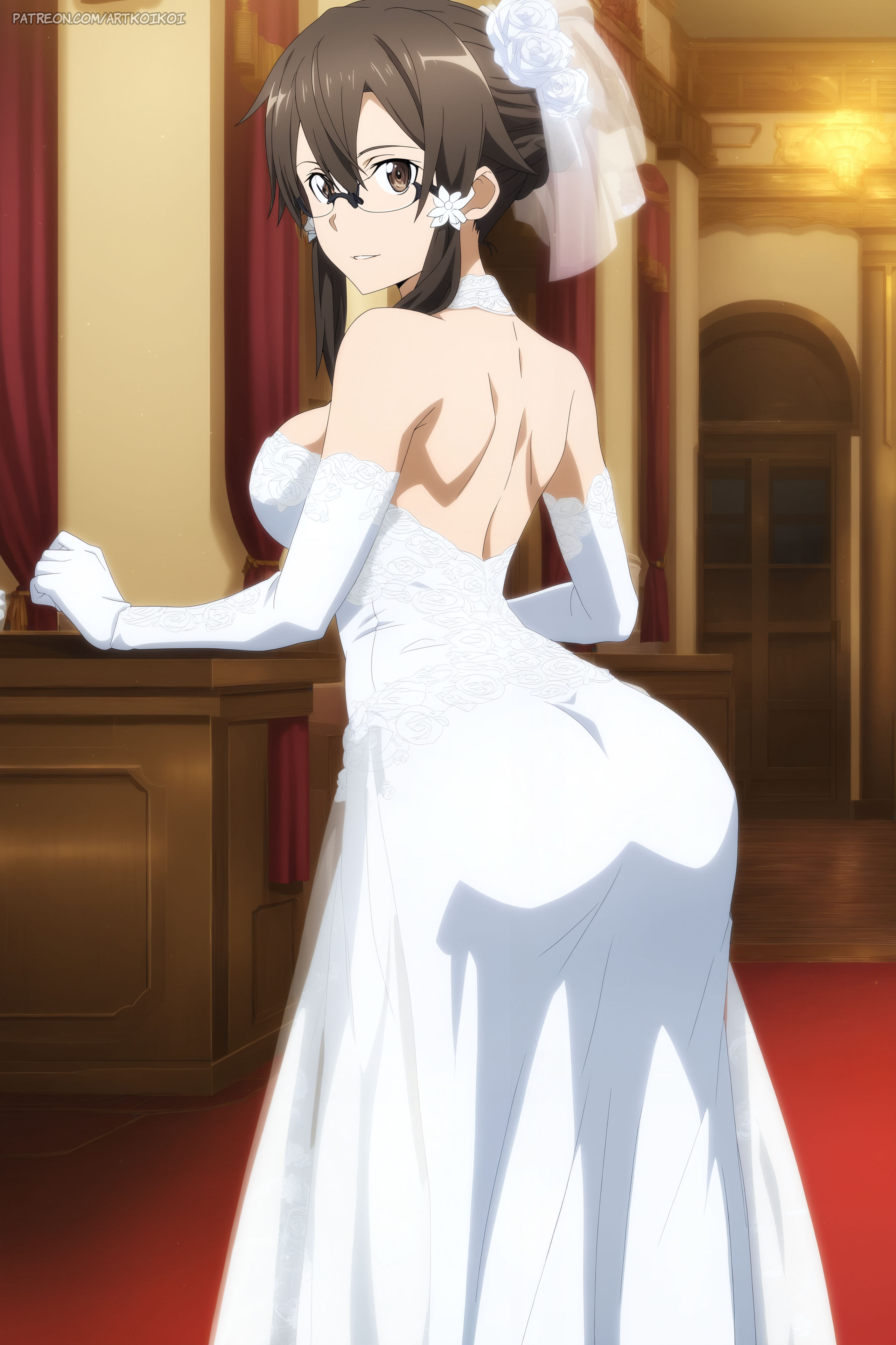ai generated, artkoikoi, asada shino, asian, asian female, ass focus, big breasts, breasts, bridal gauntlets, brown eyes, brown hair, elbow gloves, female, glasses, hair ornament, highres, hourglass figure, nerdy female, patreon, patreon username, short hair, sword art online, wedding, wedding dress, wedding veil, white dress