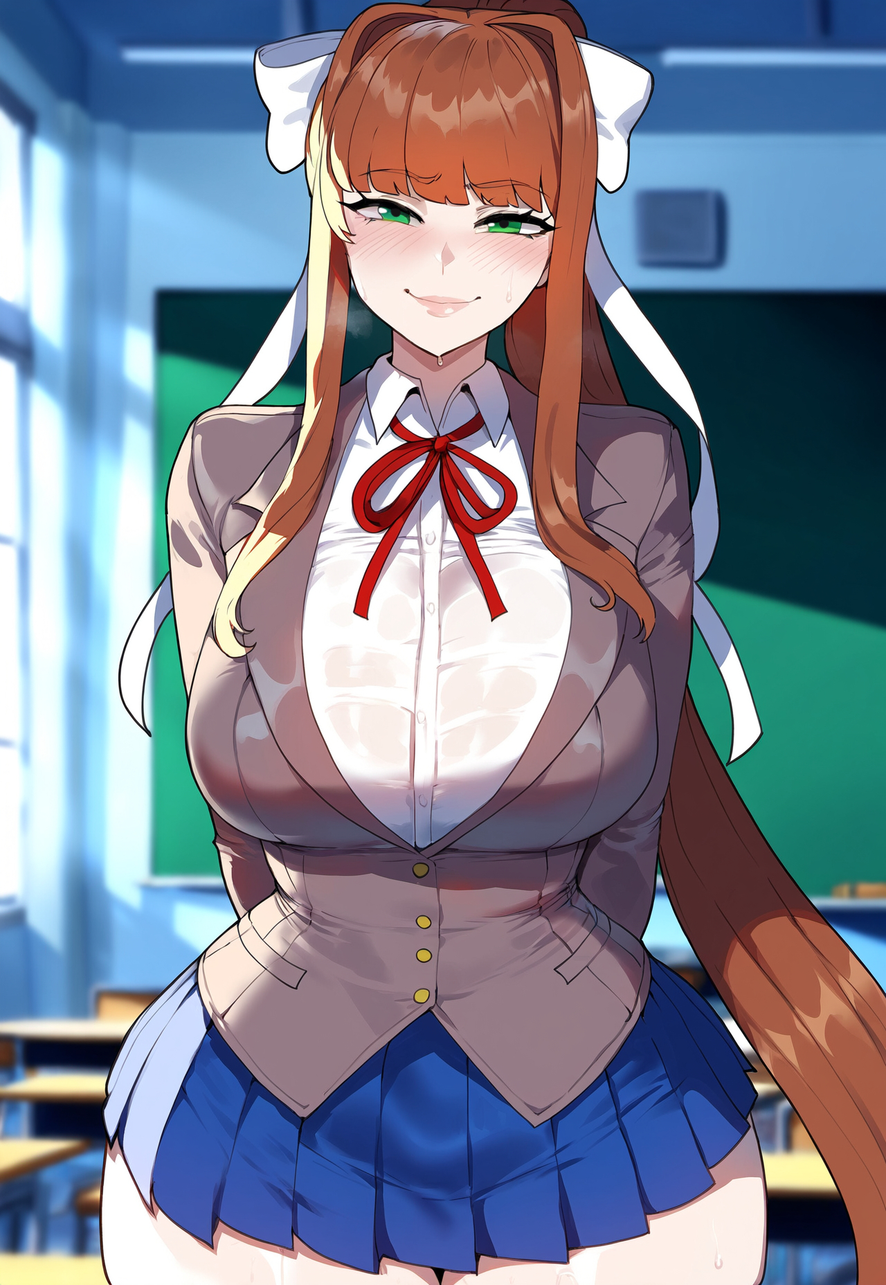 1girls, ai generated, big breasts, breasts, brown hair, doki doki literature club, female, female focus, green eyes, hips, huge breasts, juuicyai, large breasts, light-skinned male, long hair, looking at viewer, male, monika (doki doki literature club), ponytail, school uniform, schoolgirl, skirt, thick thighs, white ribbon, wide hips
