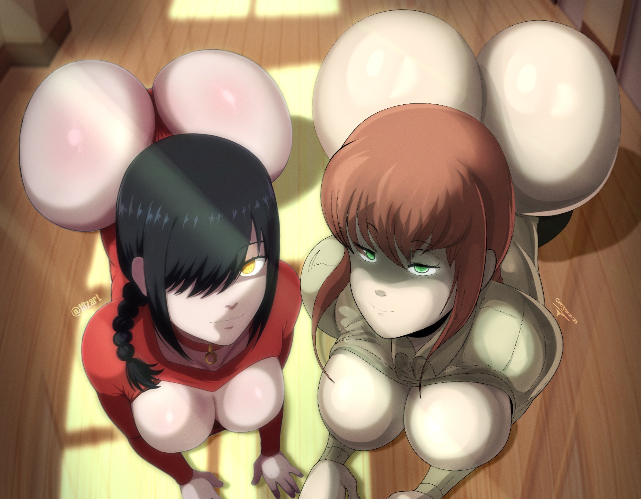 2girls, anime, ass, background, bending over, bent over, big ass, big breasts, bottomless, bottomless female, breasts, ceegee, chainsaw man, collar, female, green eyes, huge ass, large ass, makima (chainsaw man), nail polish, nayuta (chainsaw man), orange hair, panties, ponytail, shortstack, smooth skin, sweater, thong, watermark, yellow eyes