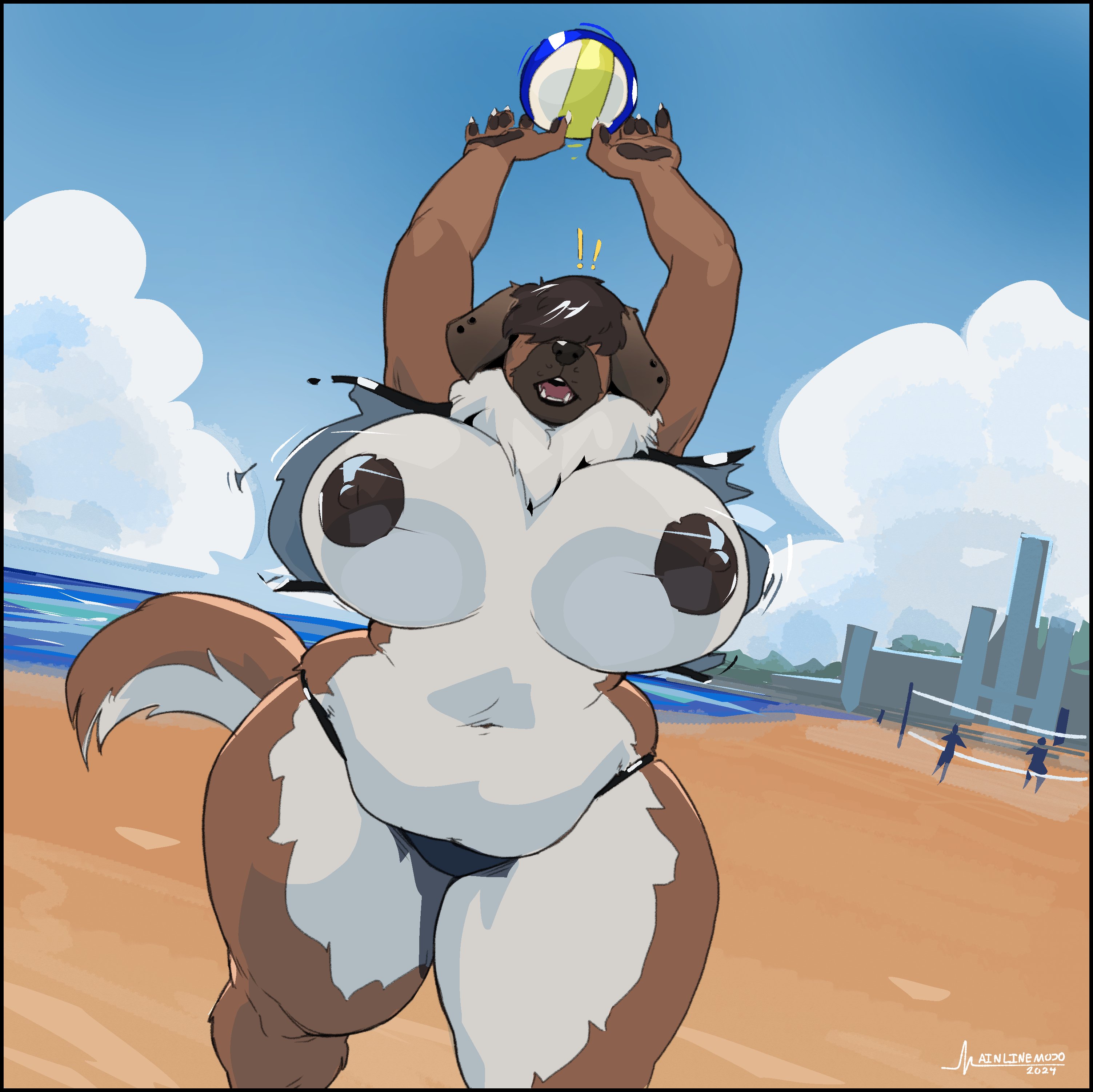 2024, absurd res, anthro, areola, ball, beach, big breasts, bikini, bikini bottom, bouncing breasts, breasts, canid, canine, canis, clothed, clothing, day, domestic dog, female, floppy ears, front view, greasymojo, hair, hair over eyes, hi res, huge breasts, mammal, mastiff, mature female, mollie (jezzlen), molosser, muffin top, neck tuft, nipples, overweight, overweight female, seaside, short hair, sky, solo, swimwear, topless, tuft, two-piece swimsuit, volleyball (ball), voluptuous anthro, voluptuous female, wardrobe malfunction, wide hips