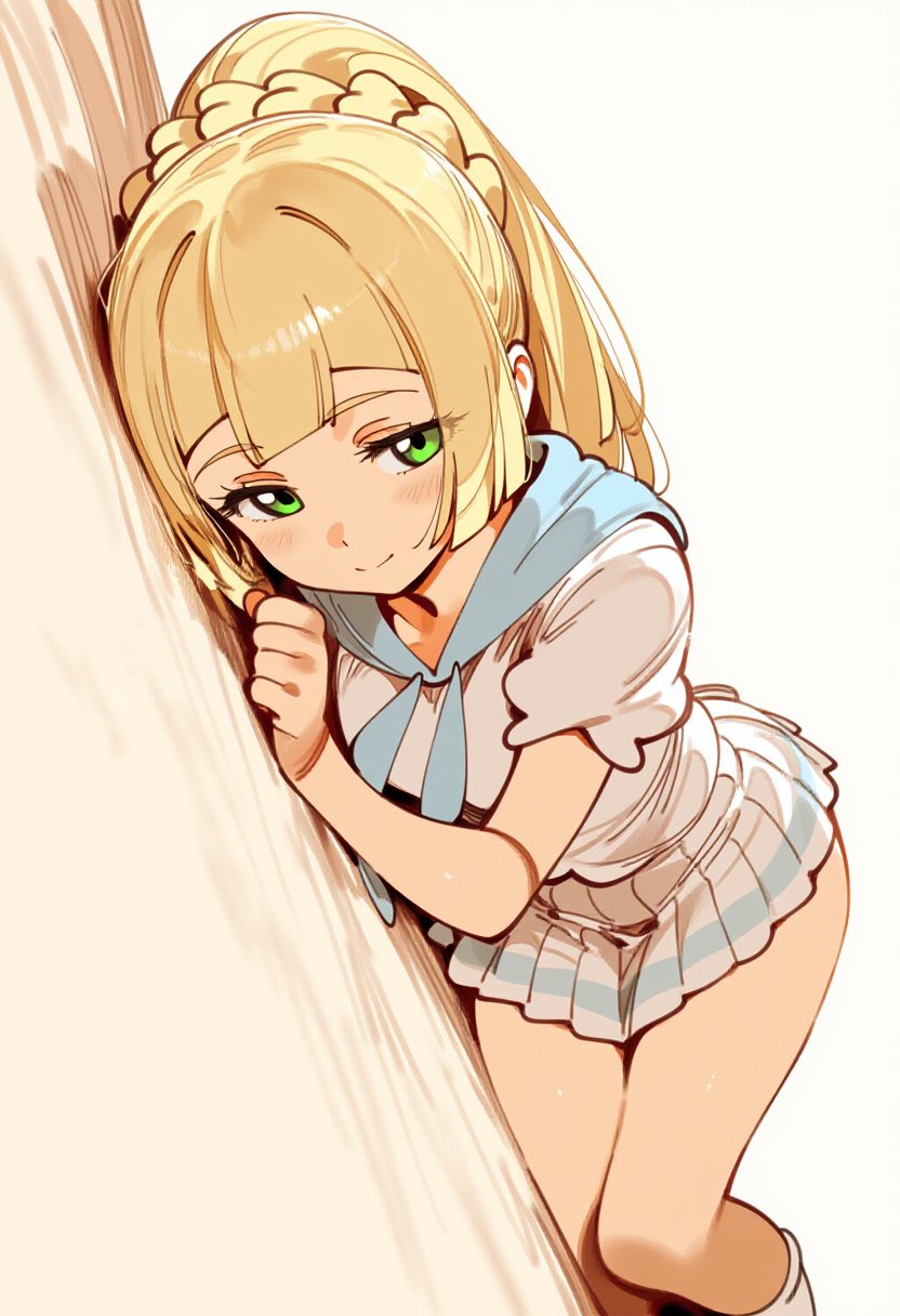 1girls ai_generated bed blonde_hair green_eyes jei_games lillie_(pokemon) looking_at_viewer pokemon pokemon_sm pov
