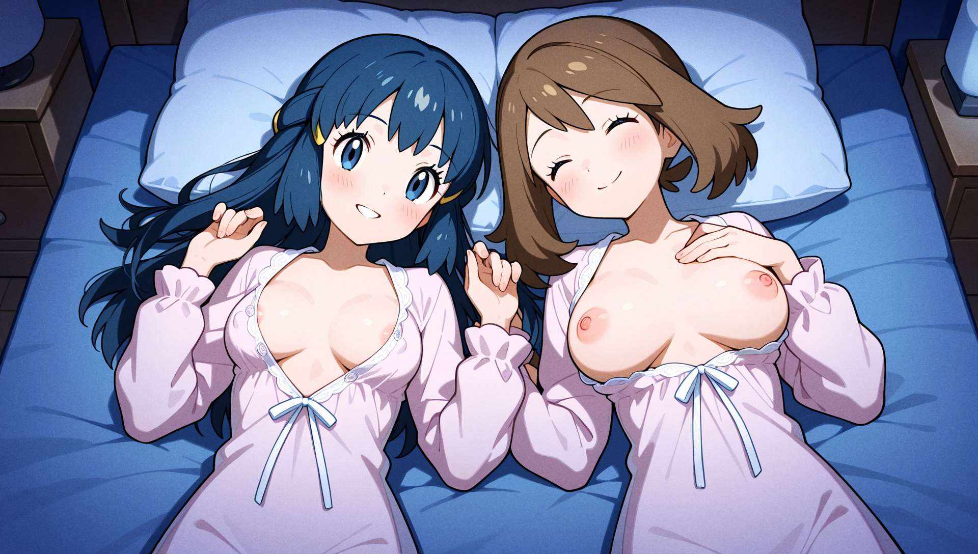 2girls, ai generated, bed, bedroom, blue eyes, blue hair, blush, breasts, breasts out, brown hair, dawn (pokemon), doooof, erect, erect nipples, exposed breasts, female, hair ornament, happy, large breasts, long hair, lying, lying on back, lying on bed, may (pokemon), nightgown, nipples, pajamas, pillow, pokemon, pokemon (anime), short hair, side by side, side-by-side, small breasts, smiling, smiling at viewer, teeth showing
