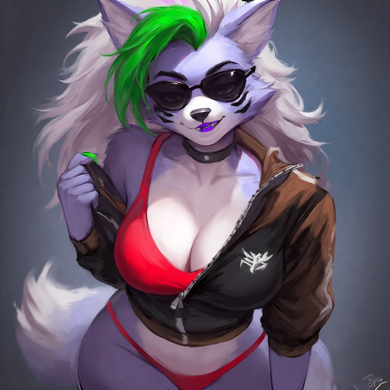 1girls, ai generated, anthro, big breasts, bra, breasts, cleavage, collar, ears, female, five nights at freddy's, five nights at freddy's: security breach, furry, green hair, green highlights, grey body, grey fur, grey hair, jacket, long hair, looking at viewer, makeup, panties, provocative, purple makeup, roxanne wolf (fnaf), silver hair, sunglasses, tail, thick thighs, two-tone body, two-tone fur, white fur, wolf, wolf girl, zipper
