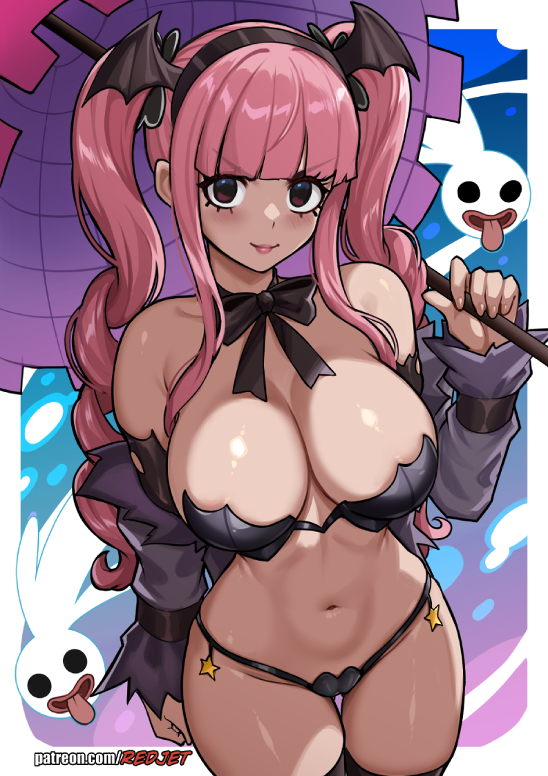 1girls, big breasts, black eyes, bottomwear, breasts, cleavage, detached sleeves, female, female focus, female only, ghost, hair, headwear, holding object, huge breasts, lips, neckwear, one piece, perona, pink hair, pink-haired female, redjet, revealing clothes, ribbon, skimpy, skimpy clothes, sleeves, solo, solo focus, thick thighs, thighs, topwear, twintails, umbrella