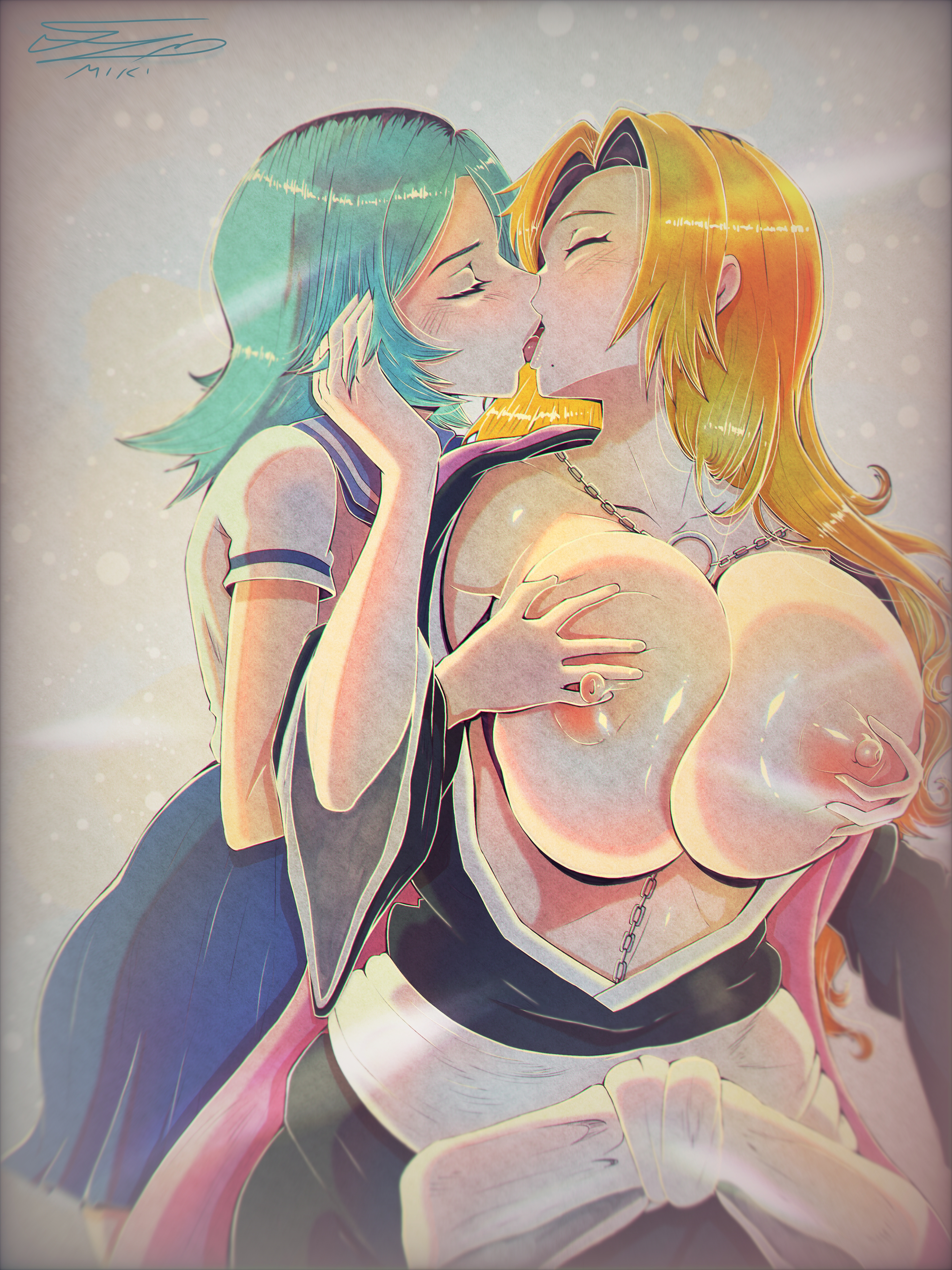 2girls, age difference, behind another, bleach, bleach: the thousand-year blood war, blonde hair, blue hair, breasts, female, female only, fondling, fondling breast, ginger hair, hells, hells angels, huge breasts, kissing, large breasts, matsumoto rangiku, mikiuvvu, passionate, rinne, rinne amagane, robe, school uniform, size difference, touching face, wholesome, yuri