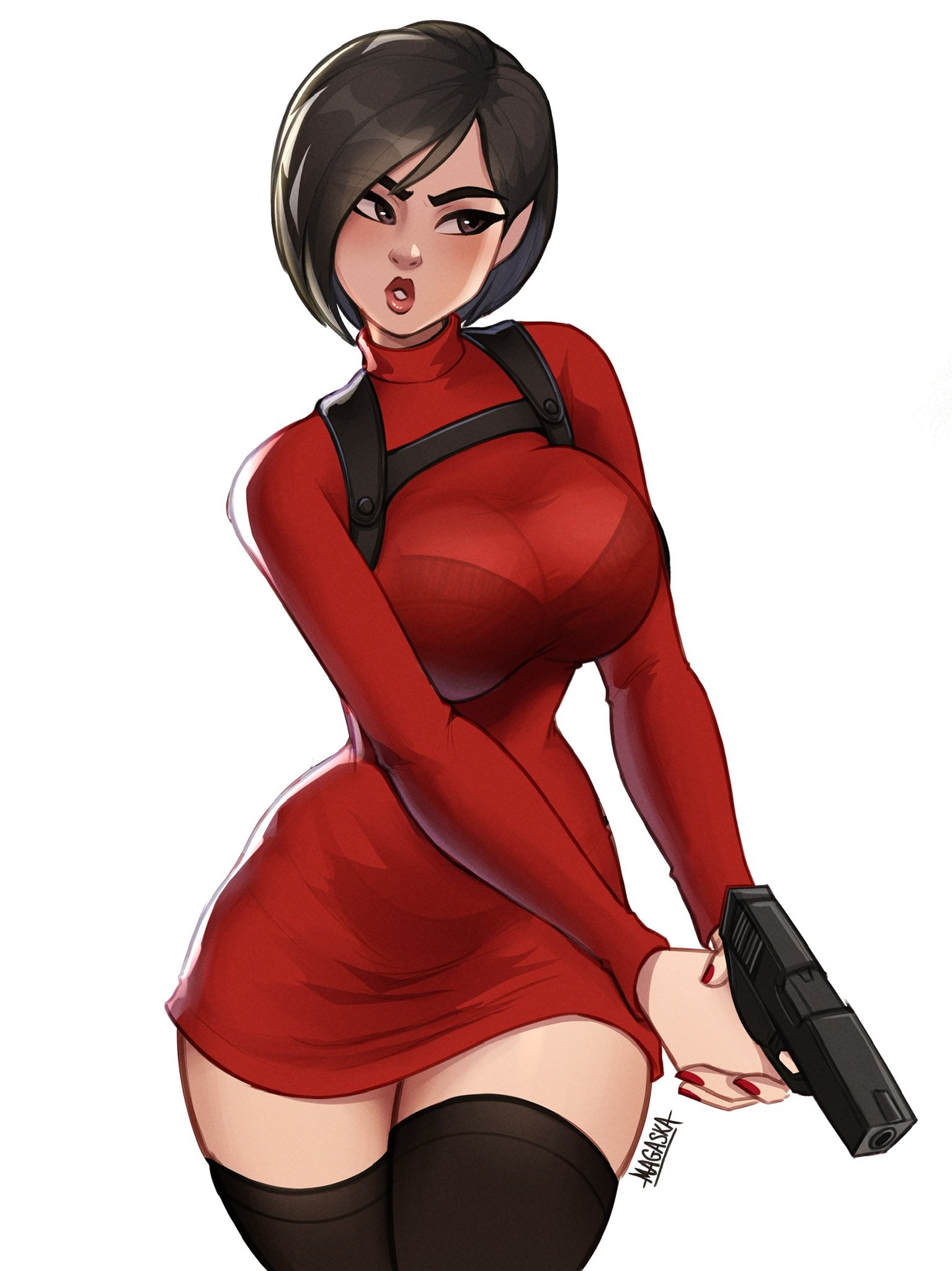 1girls, ada wong, bra visible through clothes, female, gun, magaska19, resident evil, solo, stockings, tagme, underwear visible through clothing