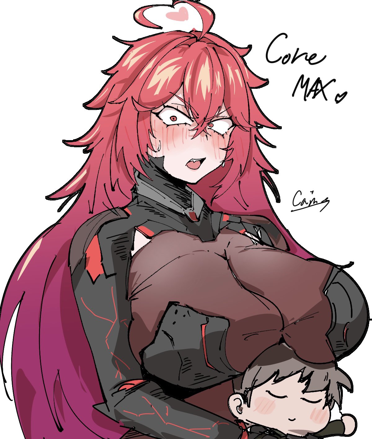1girl 1girls 2d big_breasts blush blushing boobs cain_lk doll eyelashes female female_focus long_hair nihilister_(nikke) nikke red_eyes red_hair sweat sweatdrop tagme