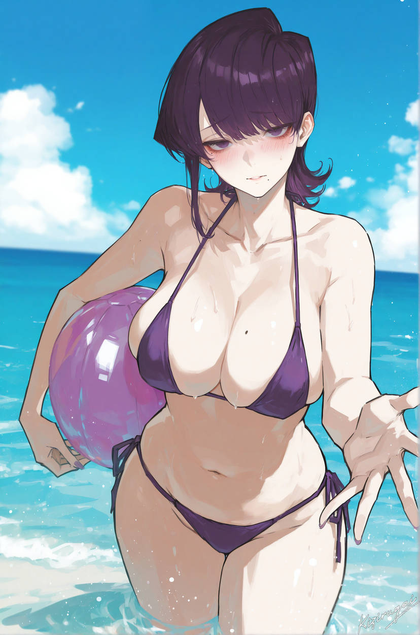 ai generated, beach ball, bikini, breasts, female, kizirugai, komi shuuko, komi-san wa komyushou desu, large breasts, mature female, milf, ocean, reaching out