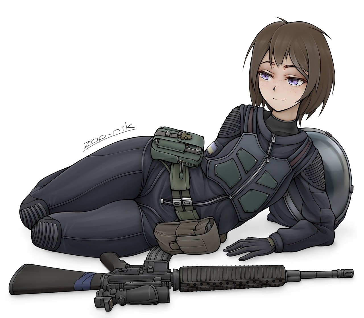 1girls, 2d, female, female only, lying, lying on side, s.t.a.l.k.e.r., s.t.a.l.k.e.r. (character), s.t.a.l.k.e.r. 2: heart of chornobyl, short hair, skintight bodysuit, solo, solo female, zap-nik
