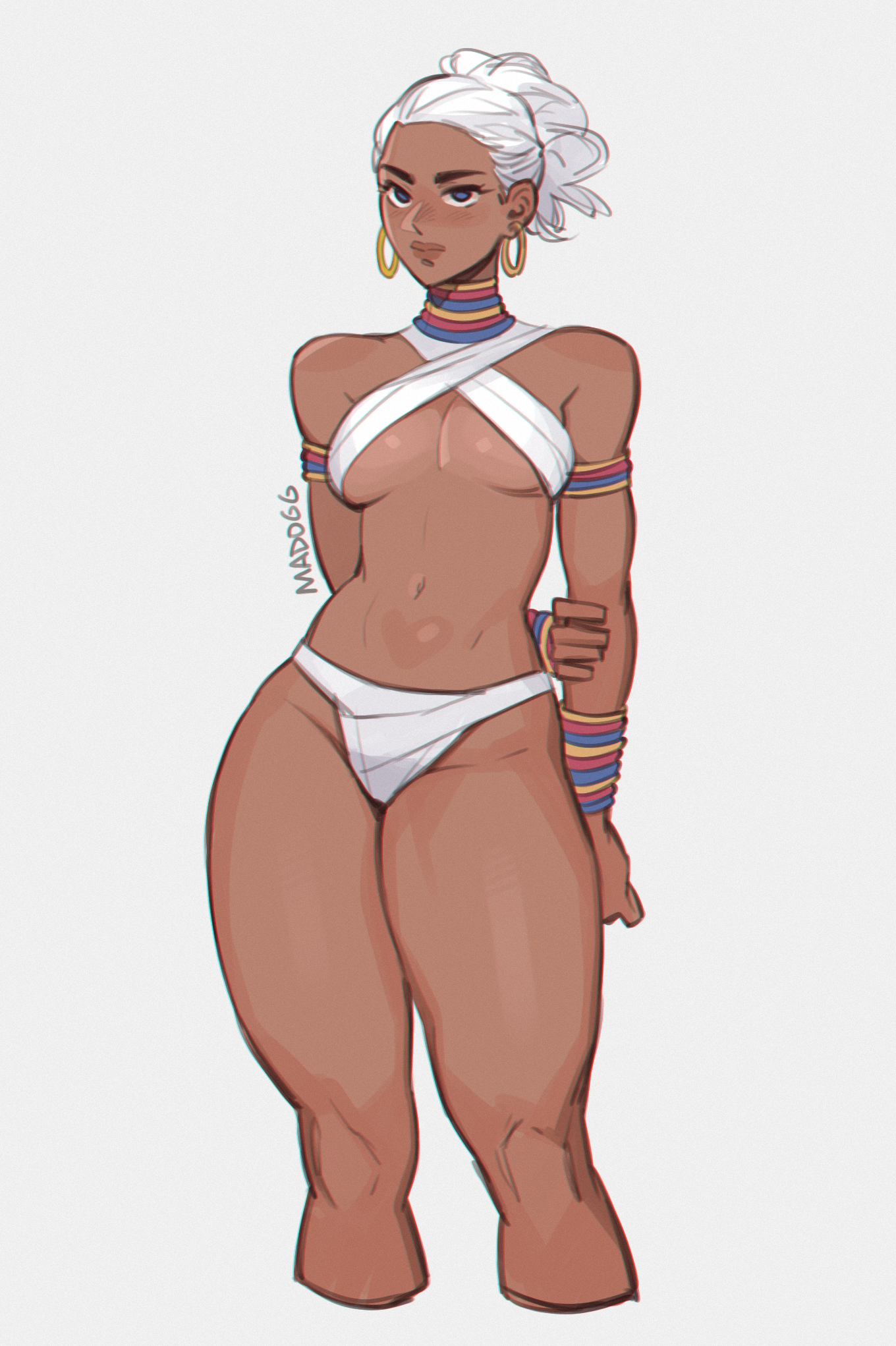 1girls, arm behind back, armlet, arms behind back, bikini, blue eyes, blush, bracelet, breasts, brown lips, clothing, criss-cross halter, cropped legs, dark skin, dark-skinned female, dreadlocks, earrings, elena (street fighter), female, female only, gold earrings, halterneck, hand on own arm, holding own arm, hoop earrings, jewelry, lips, looking at viewer, madogg, medium breasts, navel, neck ring, ponytail, sling bikini top, solo, solo female, standing, stomach, street fighter, swimsuit, thick, thick thighs, thighs, underboob, very dark skin, white bikini, white hair, wide hips