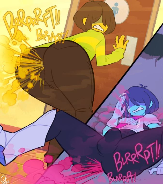 1nonbinary, 2boys, ass, biting lip, blue skin, blush, brown hair, clenched teeth, dated, deltarune, english text, fart, fart cloud, gameplay mechanics, hair over eyes, hair over one eye, heart, hood, hoodie, kris (deltarune), male, male fart, male focus, male only, oddtenn, penis, sharp teeth, short hair, signature, silk, smoke, striped, striped sweater, sweatdrop, teeth, undertale (series), yellow skin