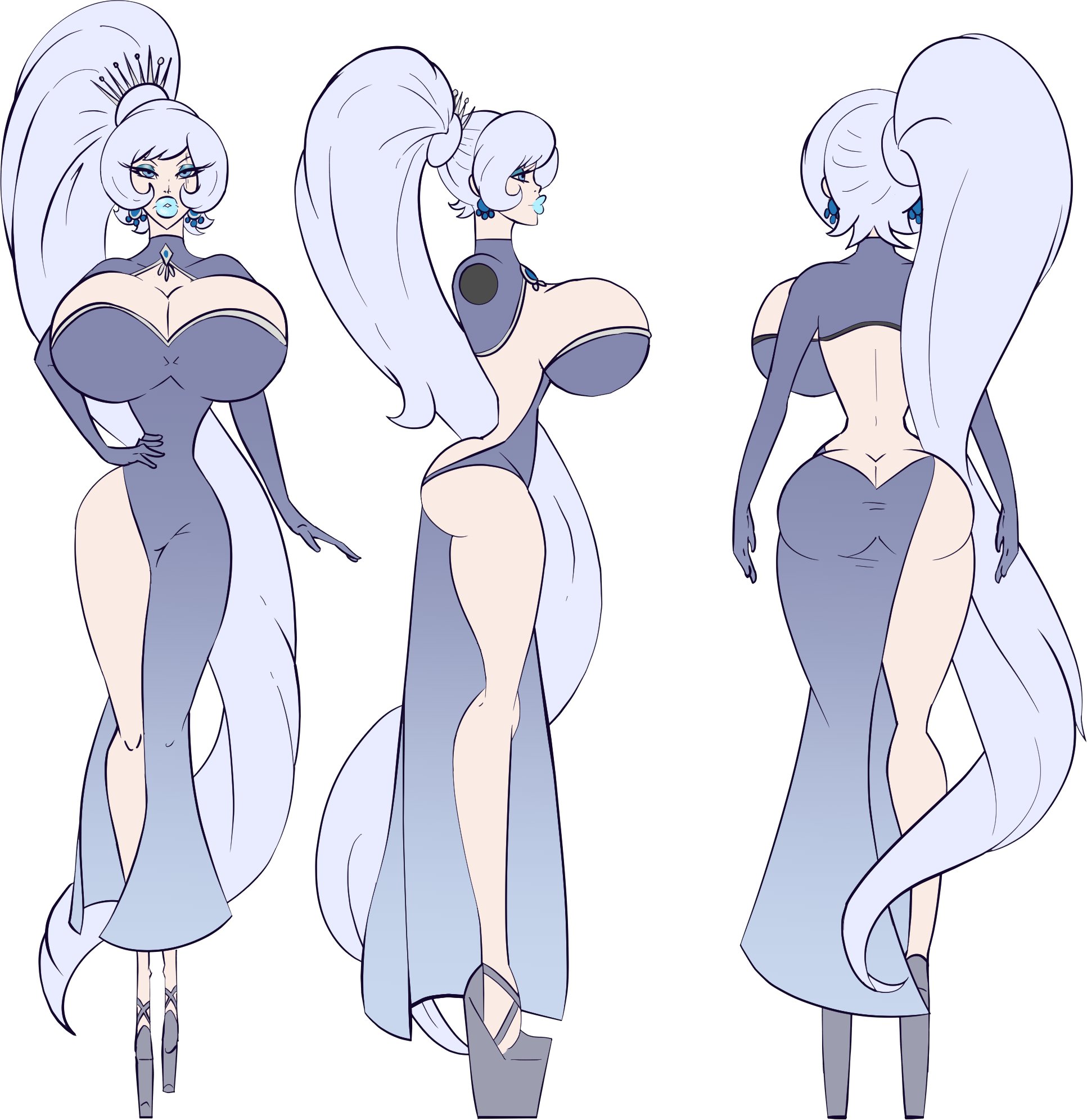 bimbo, blue lipstick, boots, bradtanker3, breast implants, breasts, degradation text, english text, female, high heel boots, high heels, hyper bimbo, large breasts, large lips, light blue eyes, long hair, nipple bulge, platform heels, pussy, pussy visible through panties, rwby, saliva, scar, silicone, silicone implants, tiara, weiss schnee, white hair, wide hips