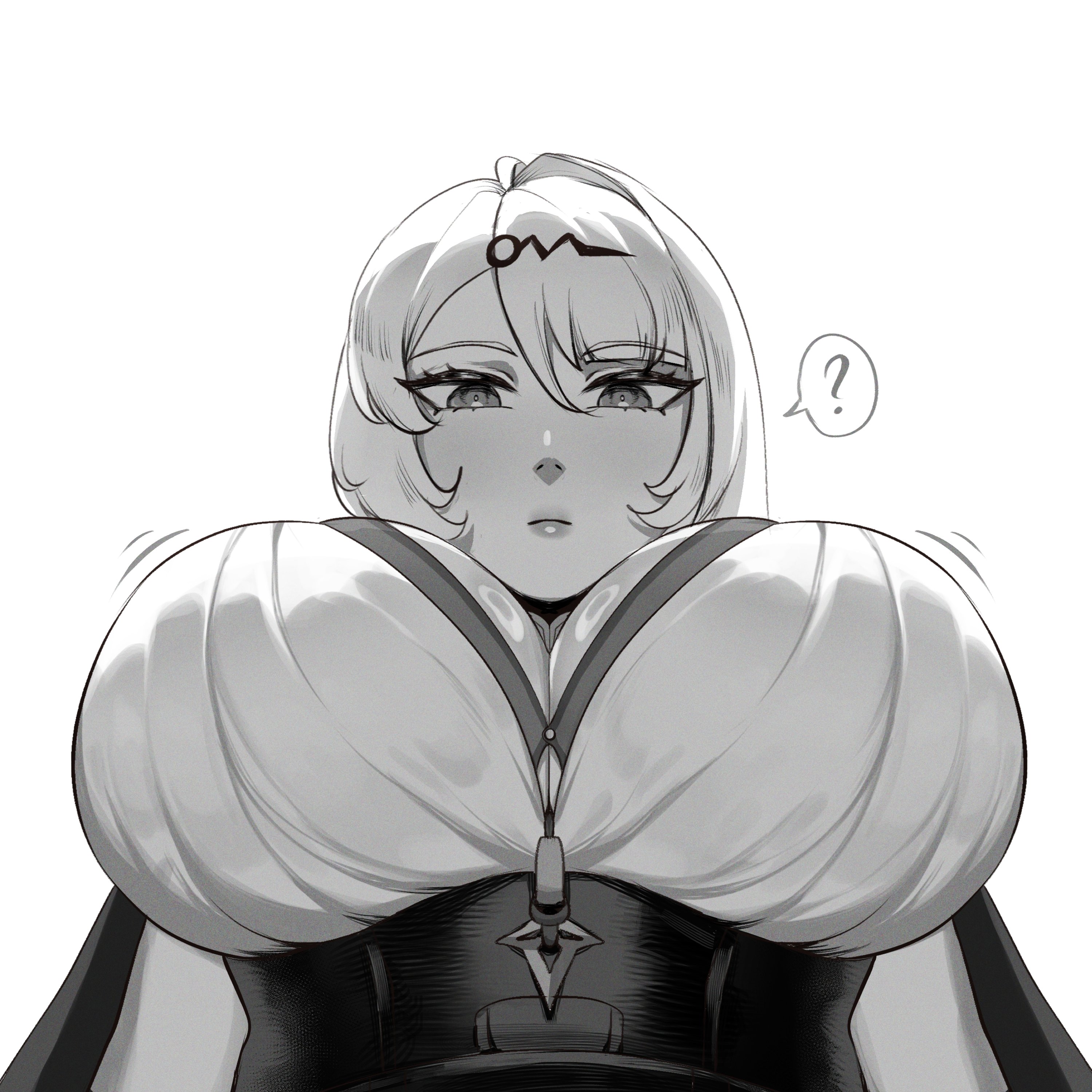 ?, 1girls, breasts, clothed, clothing, female, female only, large breasts, looking over breasts, monochrome, solo, upper body, wingedwasabi, yixuan (zenless zone zero), yunkui summit, zenless zone zero