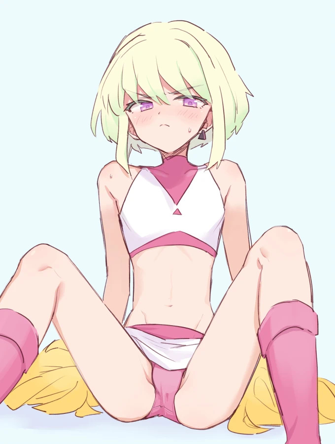 1boy androgynous angry blonde_hair blush blush_lines blushing bulge cheerleader cheerleader_uniform crossdressing embarrassed fallen femboy feminine_male flat_chest flat_chested lio_fotia mad pale_skin panties pink_eyes pom_poms pout pov promare short_hair skinny skirt slim_waist solo solo_focus sweat sweatdrop trap twink upskirt