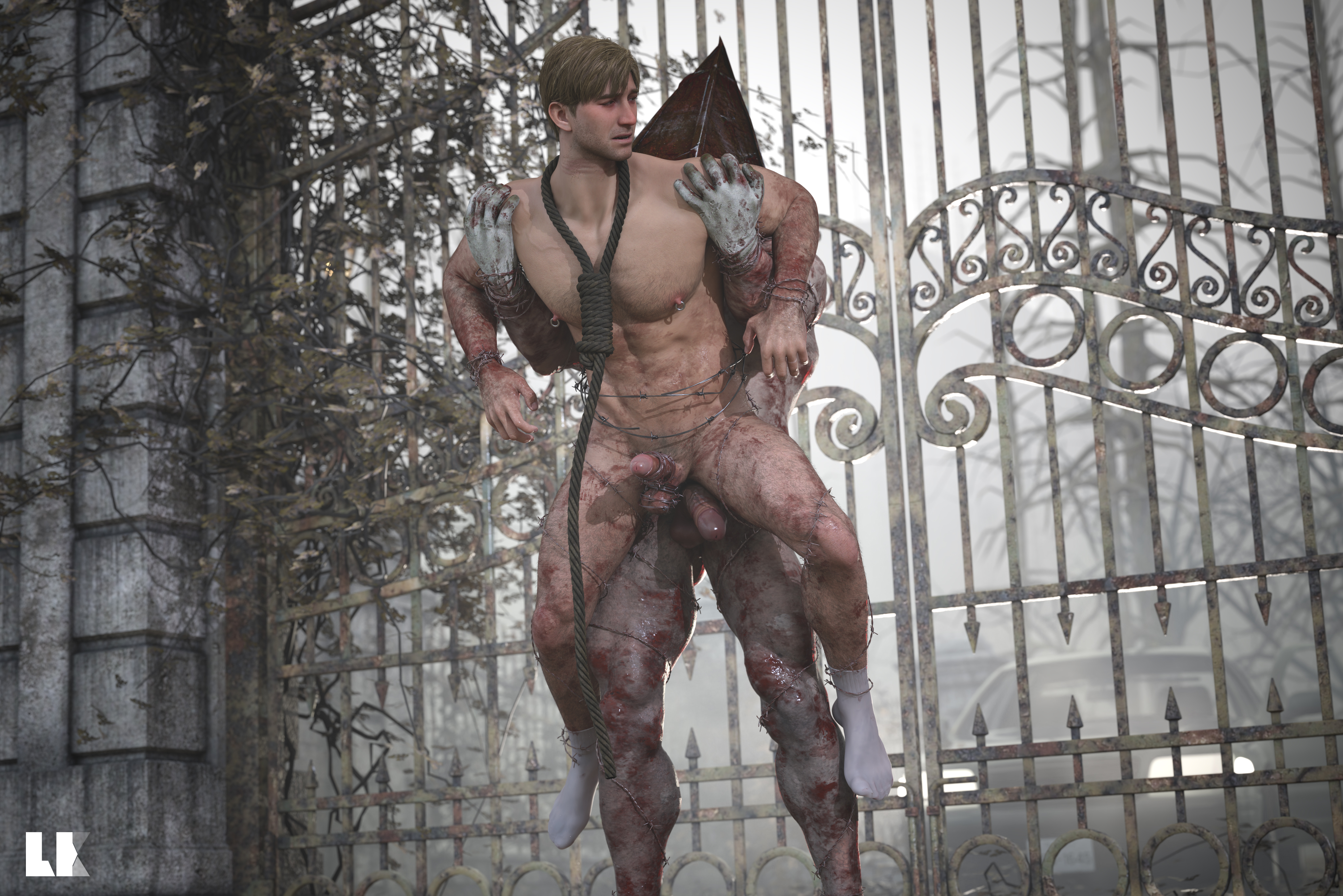 2boys, 3d, 3d (artwork), about to be raped, barbed wire, blood, exhibitionism, exhibitionist, gay, hairy chest, hairy legs, james sunderland, le86134968, male, male only, male/male, monster fucker, naked, naked male, nipple piercing, nipples, nude, nude male, outside, penis, piercing, public, public exposure, public indecency, public nudity, public use, pyramid head, rope, rope around neck, shaved pubes, shiny cock, shiny dick, shiny penis, silent hill 2, silent hill 2 remake, socks, socks only, yaoi