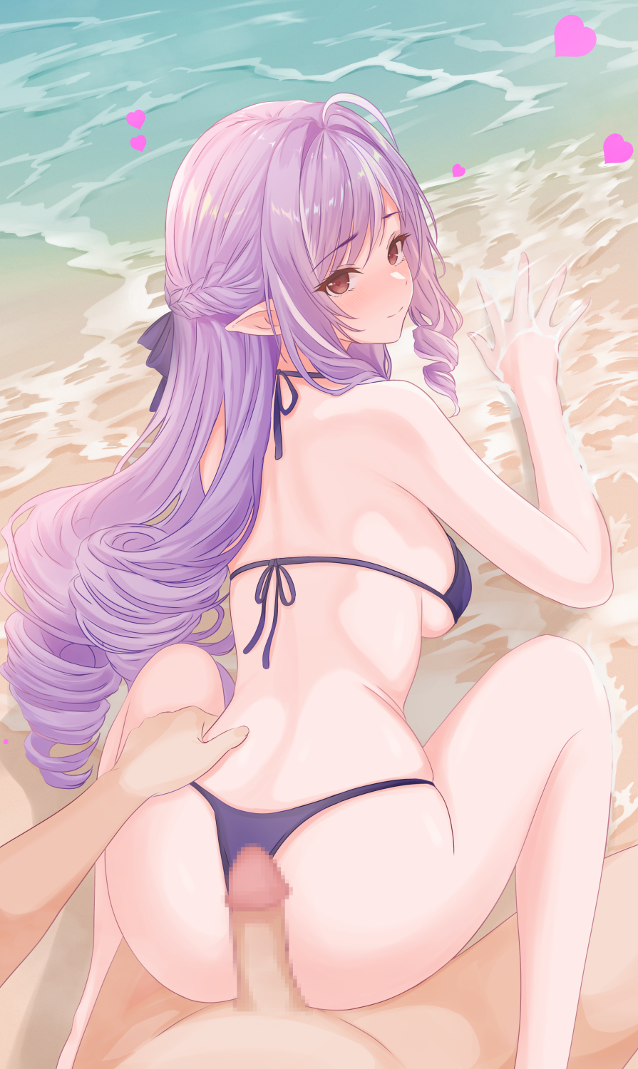 1boy ahoge beach bikini breasts censored commentary_request feet_out_of_frame female from_behind grabbing_from_behind heart highres imminent_penetration long_hair male medium_breasts mosaic_censoring outdoors paid_reward_available penis pointy_ears purple_bikini purple_eyes red_eyes sitting straight swimsuit very_long_hair vivian_(zenless_zone_zero) vivian_banshee wariza water welo zenless_zone_zero