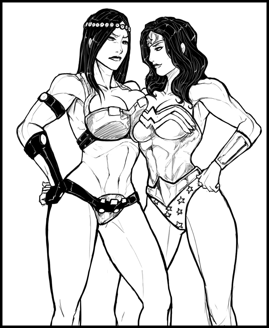 2girls abs armpits barda_free big_barda big_breasts black_and_white black_hair bracelets breast_press breasts cleavage dark_hair dc dc_comics diana_prince dick_hammersmith female gloves huge_breasts large_breasts long_hair mister_miracle_(series) monochrome muscular_female pose sideboob smile superheroine the_new_gods tiara unconvincing_armor wonder_woman wonder_woman_(series)