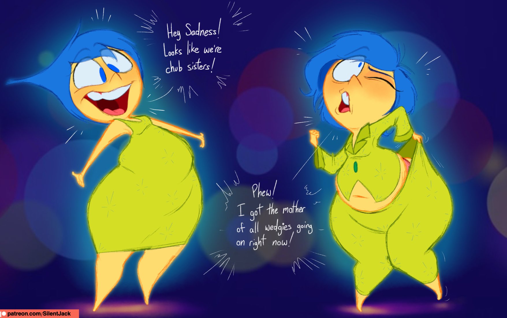 1girls, 2025, abstract background, adorable, adorasexy, adorkable, ass, ass bigger than head, bbw, big ass, big butt, blue hair, blue-haired female, chubby, chubby female, cute, dress, female, inside out, joy (inside out), silentjack8, slightly chubby, slightly chubby female, tagme, thick thighs