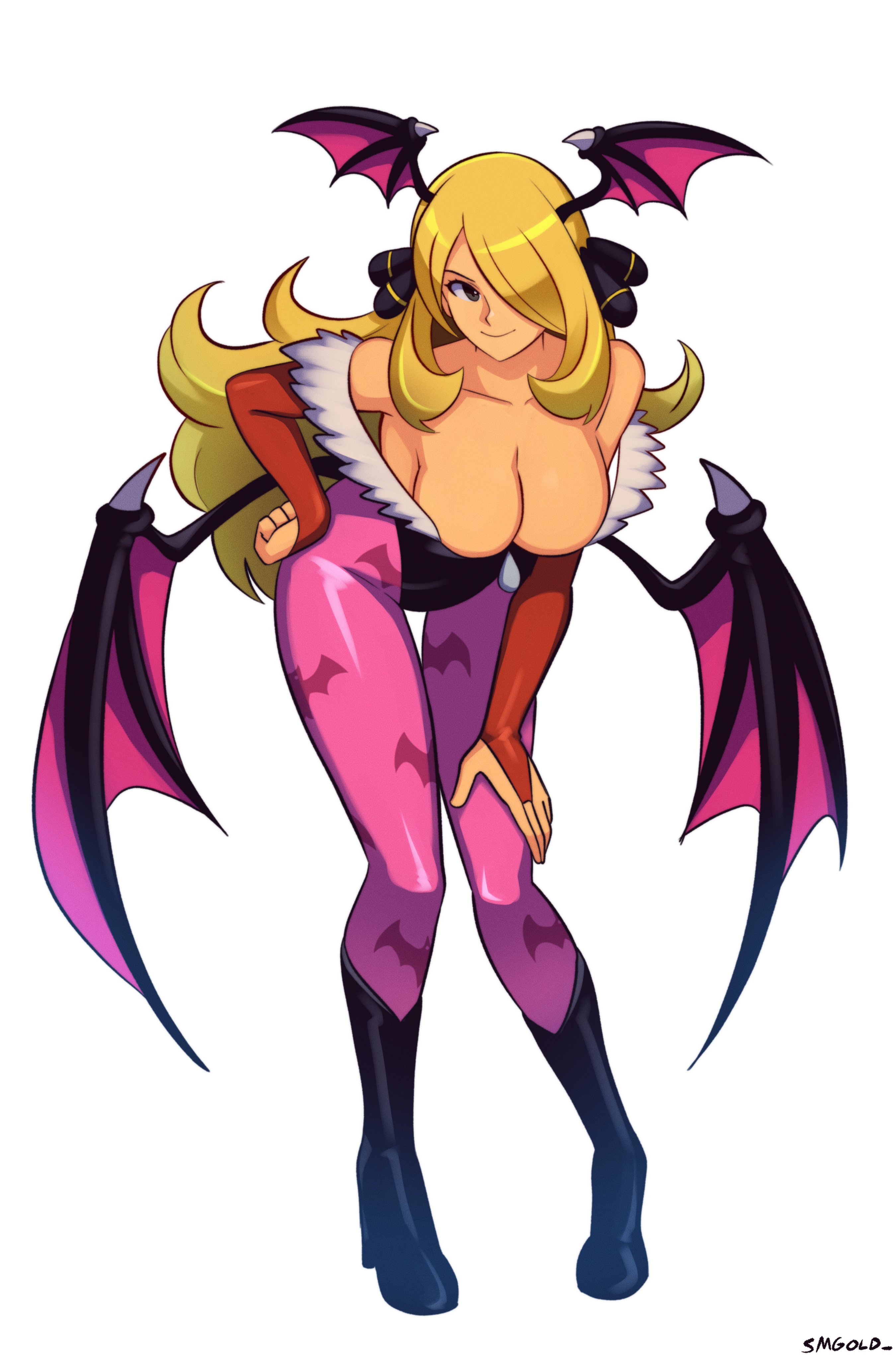 1girls, absurdres, animal print, artist name, bat print, bat wings, black eyes, black leotard, blonde hair, breasts, cleavage, collarbone, cosplay, crossover cosplay, cynthia (pokemon), darkstalkers, female, full body, game freak, hair ornament, hair over one eye, hand on own hip, head wings, highres, large breasts, leotard, long hair, low wings, milf, morrigan aensland, morrigan aensland (cosplay), nintendo, pantyhose, pokemon, pokemon dppt, print pantyhose, smgold, smile, solo, standing, very long hair, white background, wings