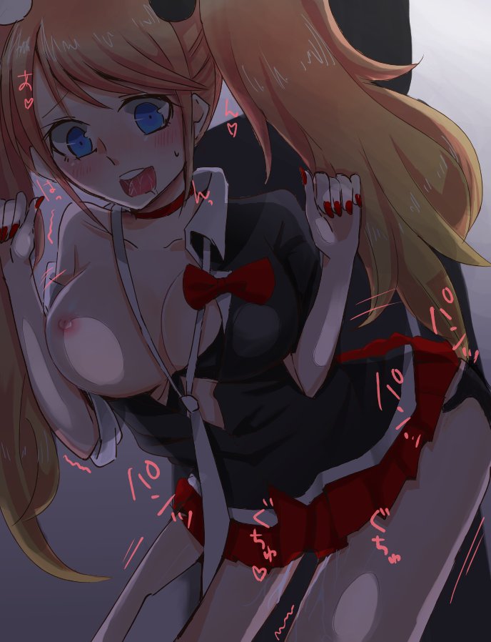breasts, danganronpa, female, gyaru, junko enoshima, large breasts, open clothes, open shirt, shirt, skirt lift, straight hair, tagme