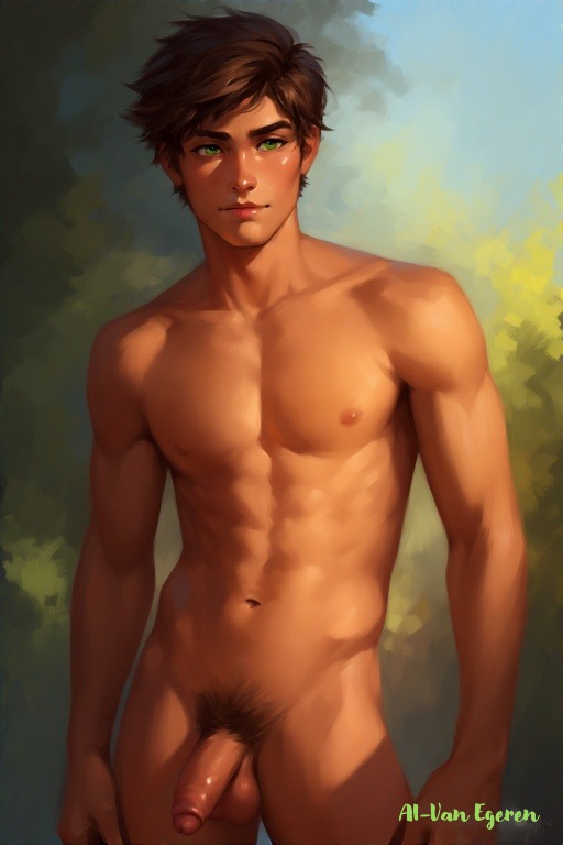 ai_generated athletic athletic_male balls ballsack dark_hair erect_penis erection green_eyes male male_only naked naked_male nude nude_male nudity penis solo solo_male tan_body tan_skin