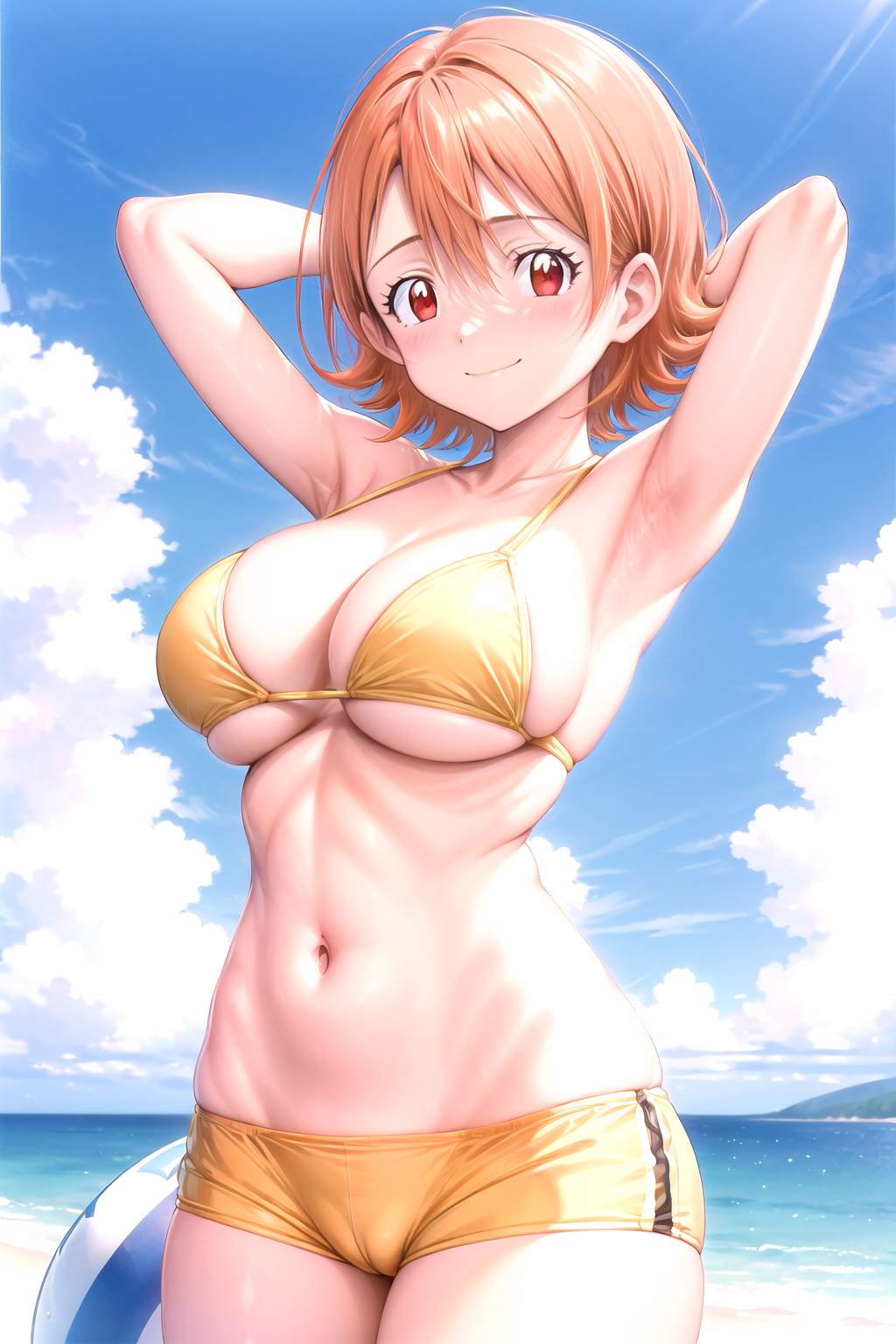 1girl ahoge ai_generated armpits arms_behind_head arms_up ball bare_shoulders beach beachball bikini bikini_shorts blue_sky blush breasts cameltoe cleavage closed_mouth cloud collarbone cowboy_shot day digimon digimon_adventure digimon_adventure_tri. female hair_between_eyes halterneck holding holding_ball large_breasts looking_at_viewer navel ocean orange_hair outdoors red_eyes rena_aikawa_(pixiv_user) short_hair short_shorts shorts sideboob skindentation sky smile solo sora_takenouchi standing stomach strap_gap swimsuit thighs underboob water yellow_bikini yellow_shorts