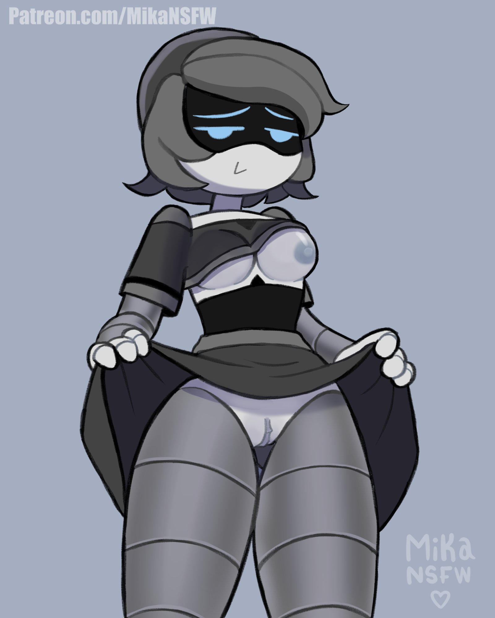 1girls, artist name, artist signature, blue eyes, breasts, clothing, exposed breasts, exposed pussy, female, female only, glitch productions, grey clothing, lifting skirt, mikansfw, murder drones, nipples, pussy, rebecca (murder drones), robot, robot girl, robot humanoid, showing off, smiling, solo, solo female, thighs, upskirt