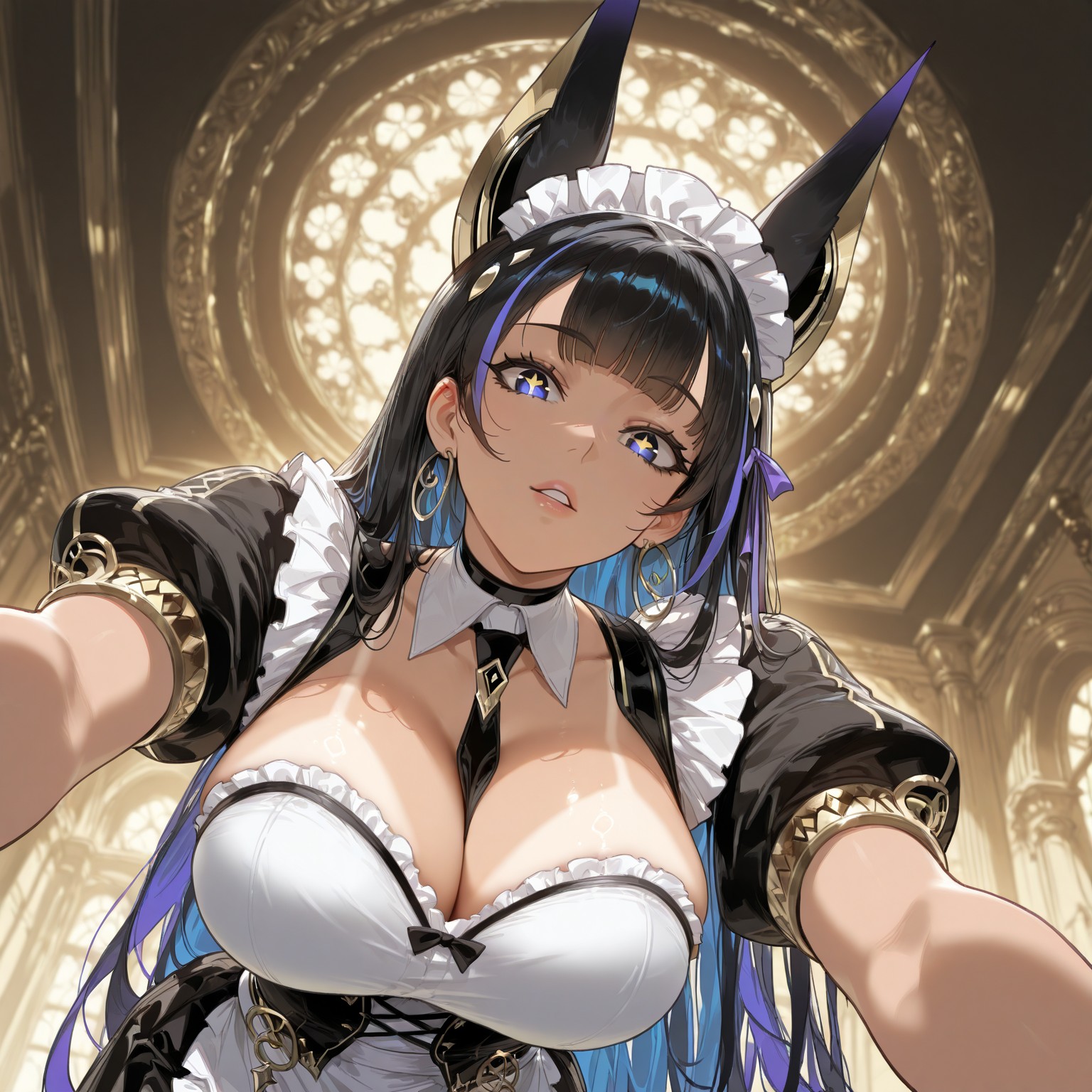 1girls, absurd res, ai generated, animal ears, azur lane, breasts, cleavage, cleopatra (azur lane), dark skin, dark-skinned female, egyptian, egyptian female, female, from below, hanging breasts, huge breasts, indoors, jackal ears, jewelry, liu (artist), looking at viewer, looking down, looking down at viewer, maid, maid headdress, maid uniform, seductive, seductive look, solo, solo female, tan body, tan skin, tanline, voluptuous, voluptuous female